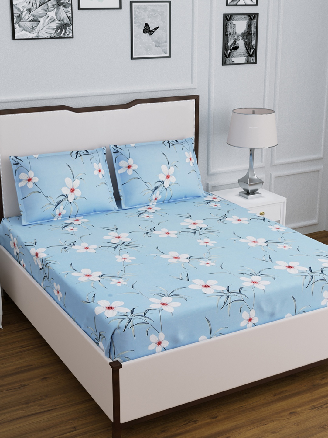 

DREAM WEAVERZ Blue & White Floral 300 TC Cotton 1 King Bedsheet with 2 Pillow Covers