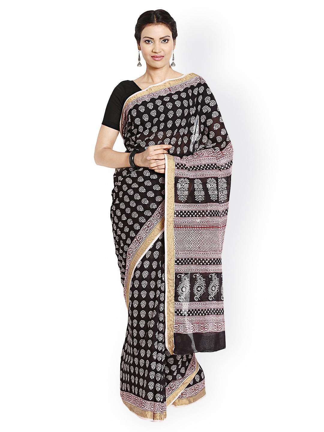 

Kalakari India Black Bagh Handblock Print Handcrafted Cotton Saree