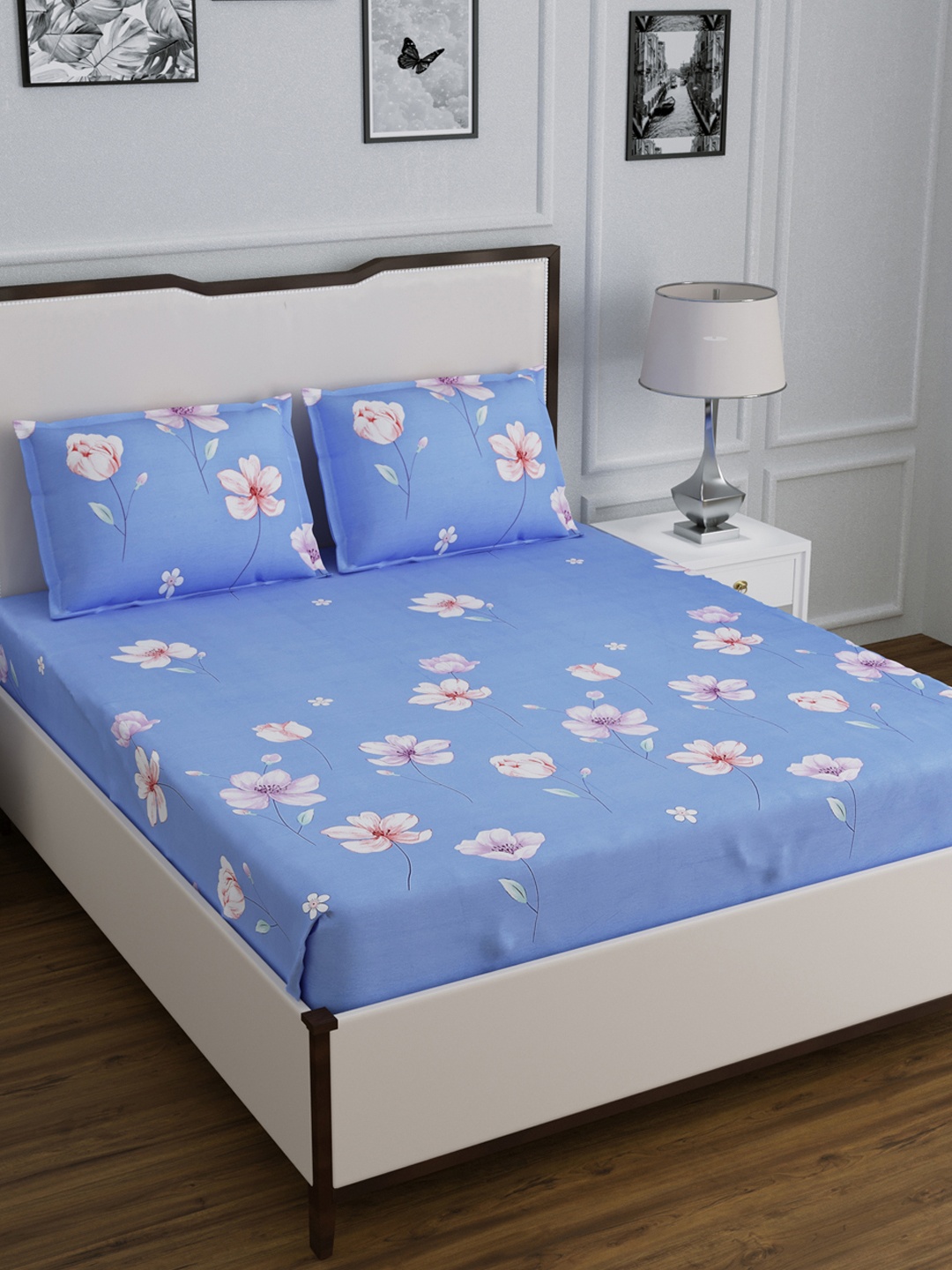 

DREAM WEAVERZ Blue & Pink Floral 220 TC Cotton 1 King Bedsheet with 2 Pillow Covers