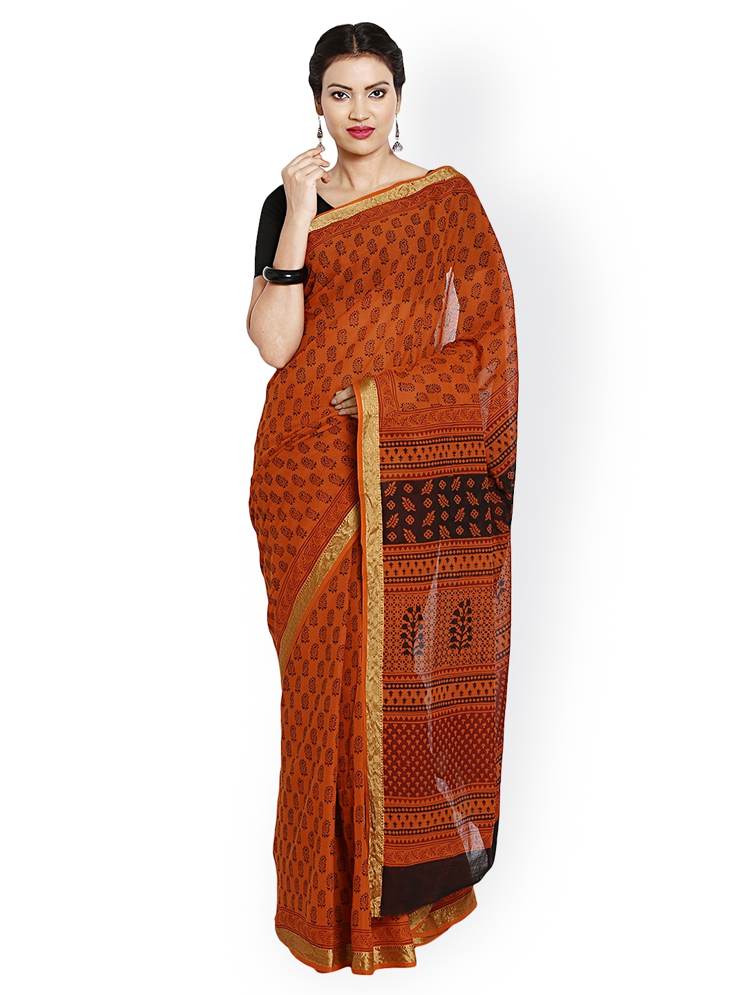 

Kalakari India Orange Bagh Handblock Print Handcrafted Cotton Sustainable Saree