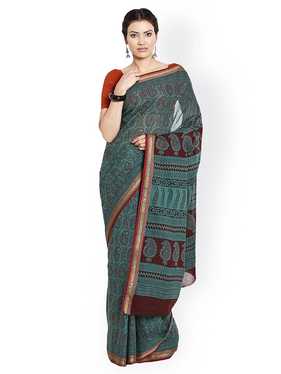 

Kalakari India Teal Green Bagh Handblock Print Handcrafted Cotton Saree