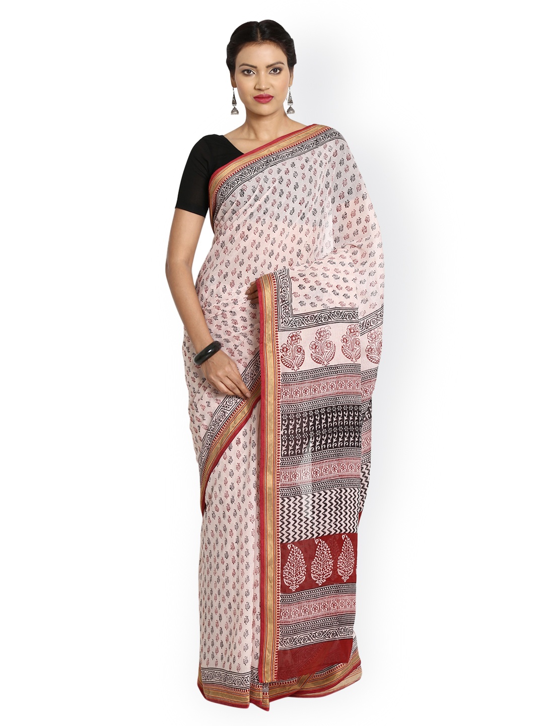 

Kalakari India Rust Brown Bagh Handblock Print Handcrafted Cotton Saree, Pink