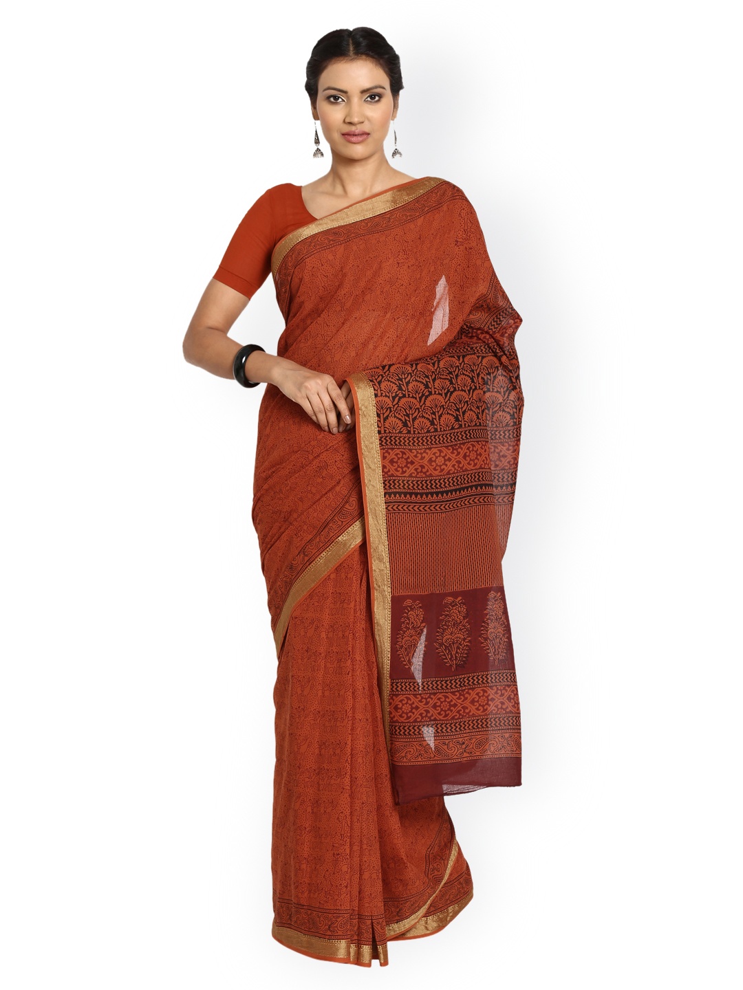

Kalakari India Rust Orange Bagh Handblock Print Handcrafted Cotton Sustainable Saree