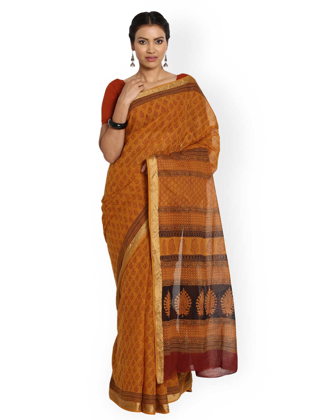 

Kalakari India Rust Orange Cotton Hand Block Bagh Print Handcrafted Sustainable Saree