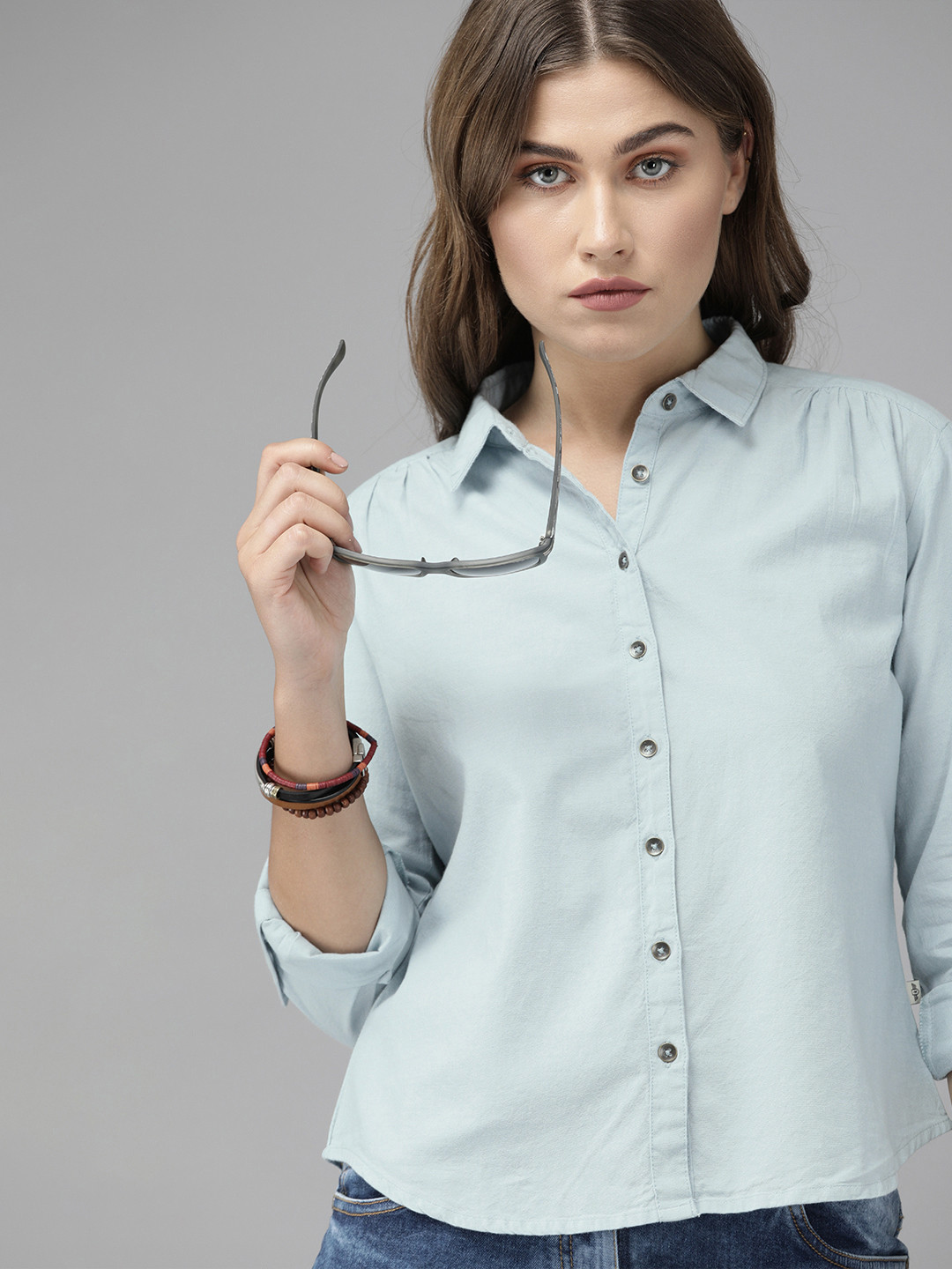 

Roadster Women Blue Regular Fit Solid Casual Shirt