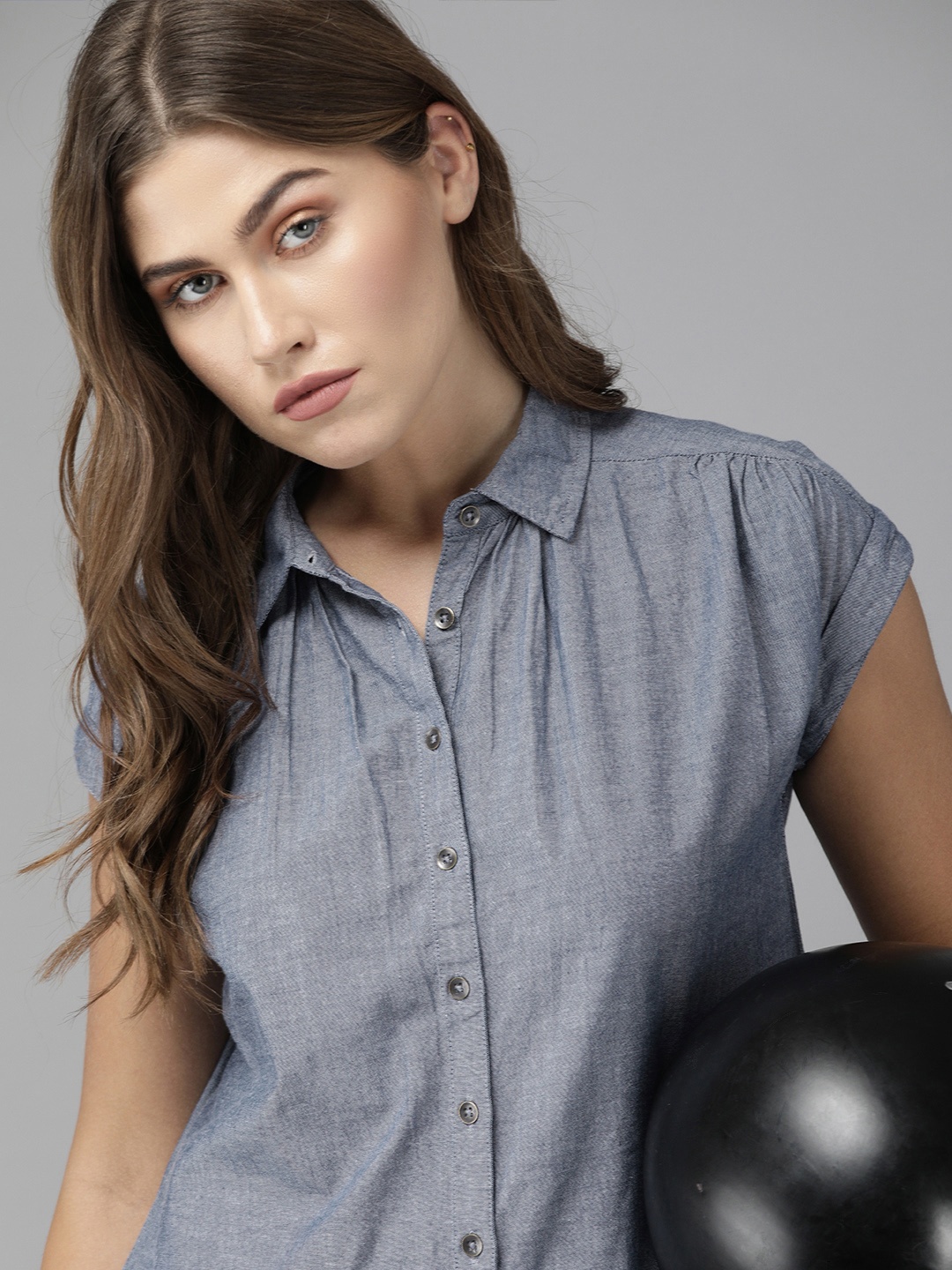 

Roadster Women Blue Regular Fit Solid Boxy Shirt