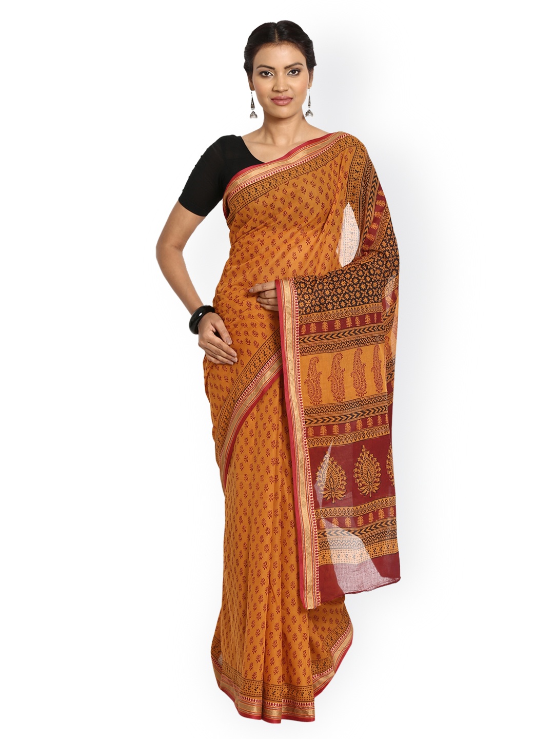 

Kalakari India Mustard Yellow Hand Block Print Bagh Cotton Traditional Handloom Saree