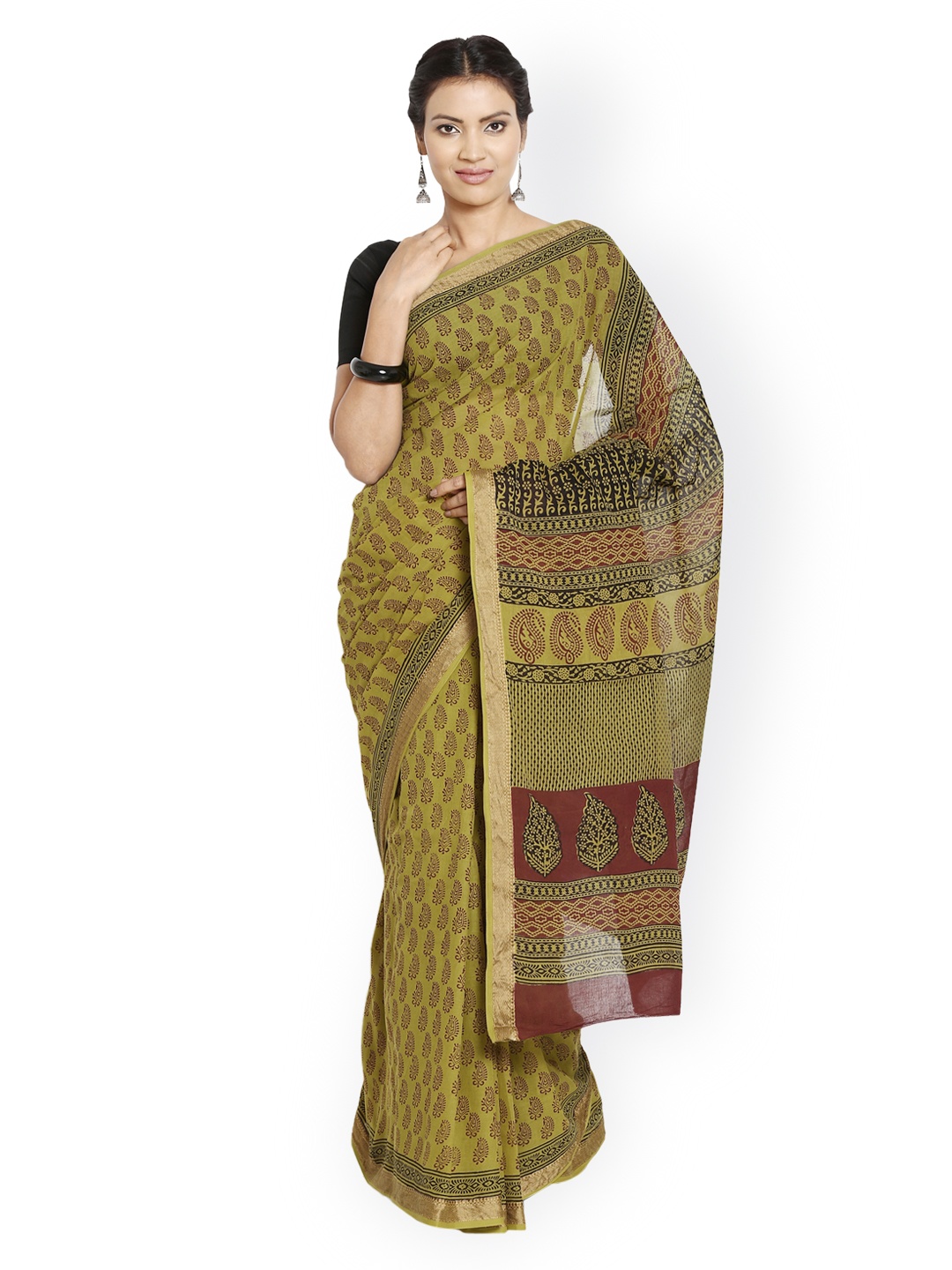 

Kalakari India Olive Green Bagh Handblock Print Handcrafted Cotton Sustainable Saree