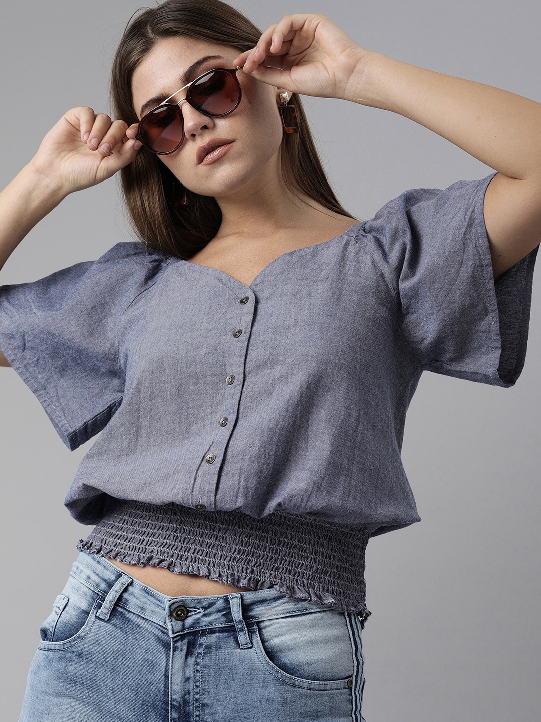 

Roadster Women Blue Flared Sleeves Chambray Blouson Crop Top