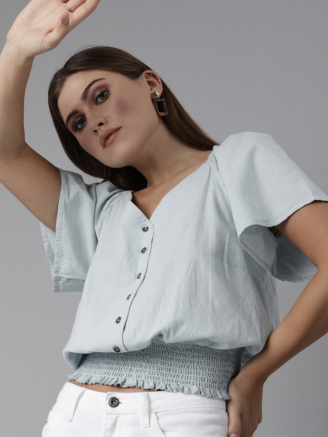 

Roadster Women Blue Flared Sleeves Indigo Chambray Blouson Crop Top