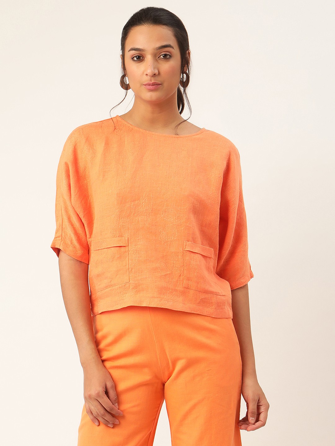 

ROOTED Women Orange Slim Fit Linen Top