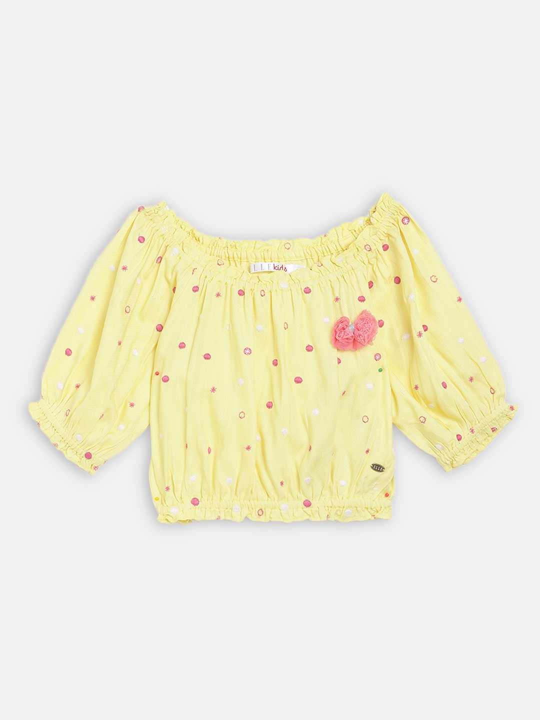 

ELLE Yellow Printed Off-Shoulder Puff Sleeves Top