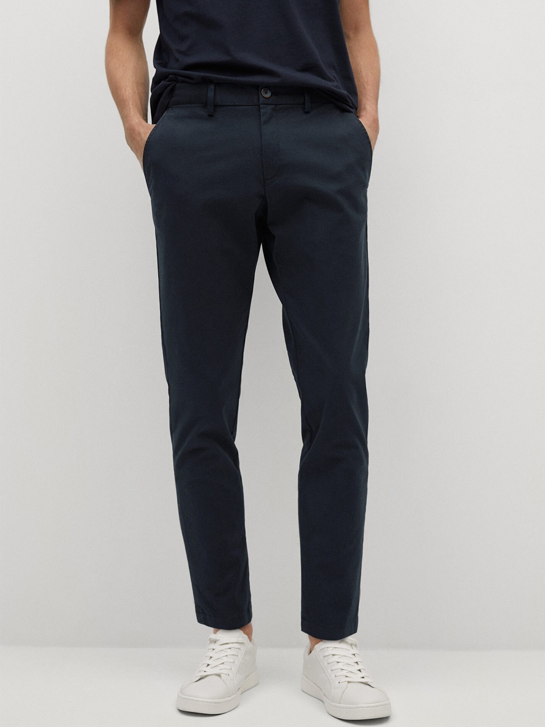 

MANGO MAN Men Navy Blue Tapered Fit Solid Sustainable Cropped Chinos