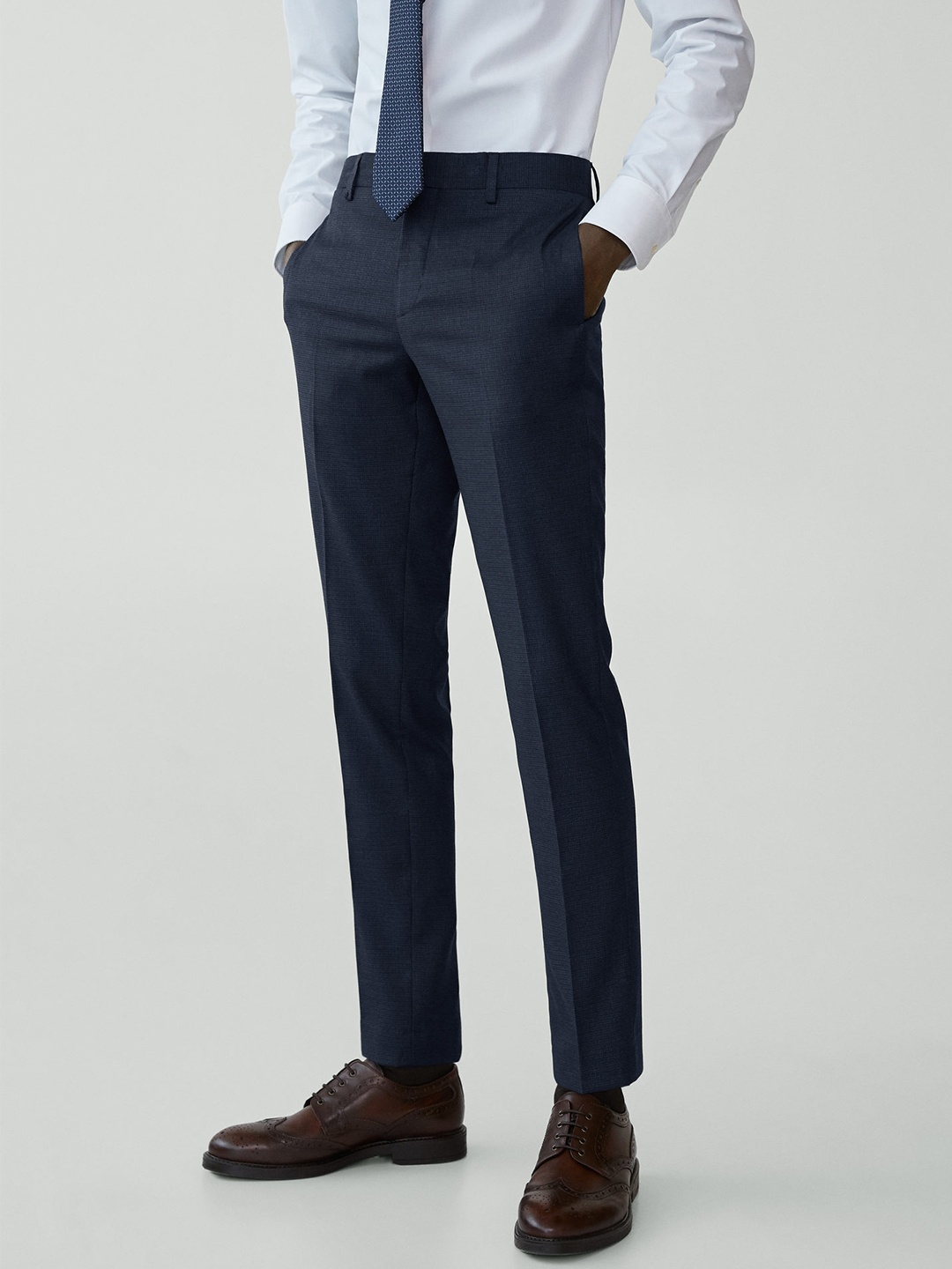 

MANGO MAN Men Navy Blue Slim Fit Checked Formal Trousers