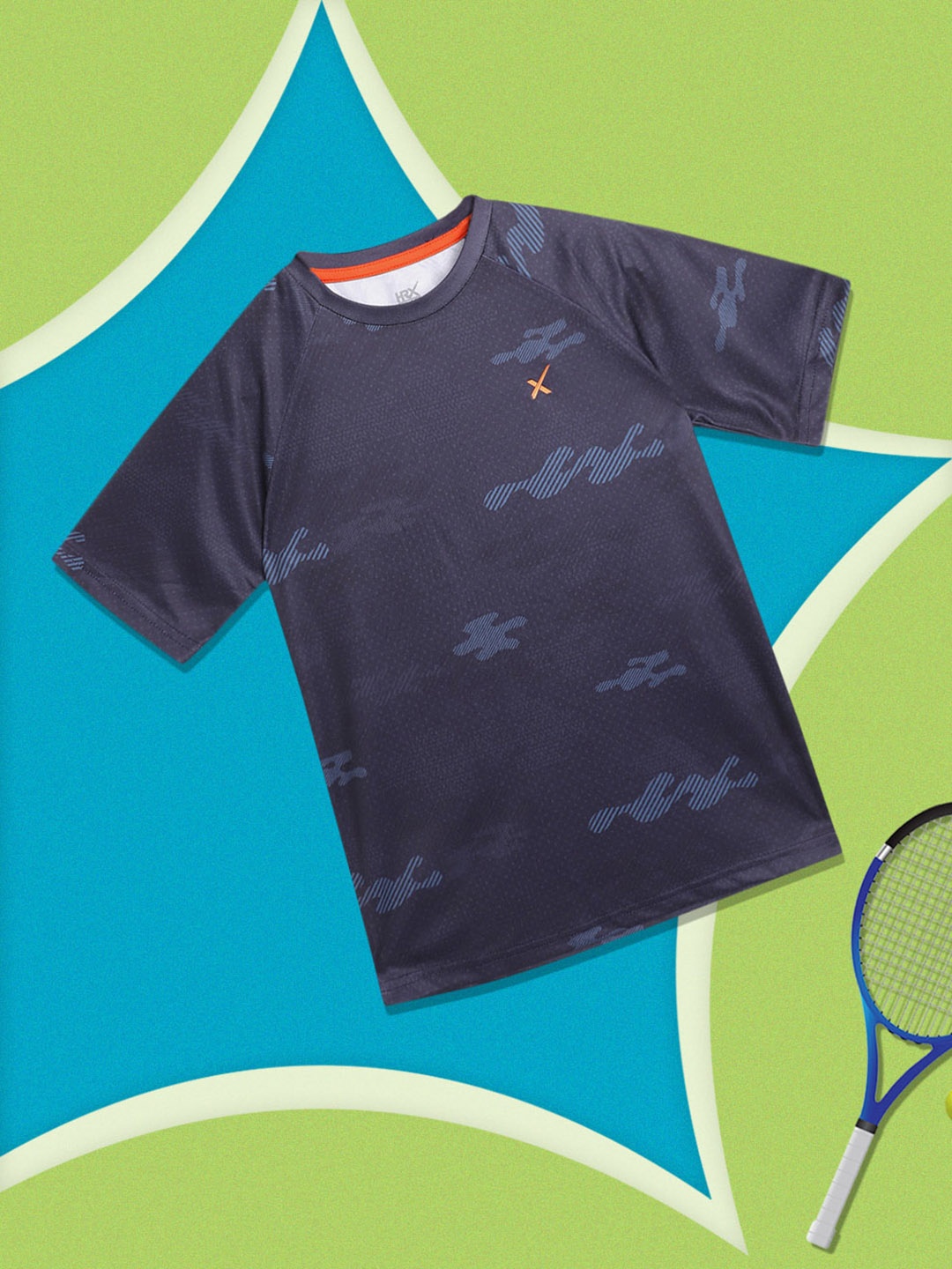 

HRX By Hrithik Roshan U-17 Boys Blue Camouflage Rapid-Dry Antimicrobial Active Tshirt, Navy blue