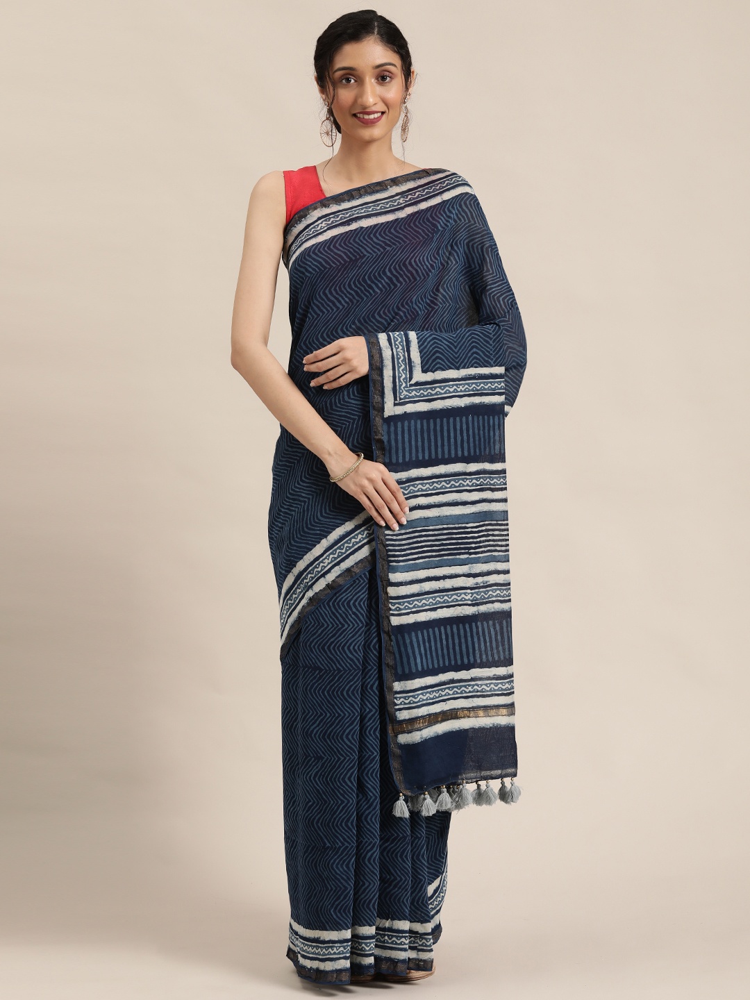 

Geroo Jaipur Hand Block Printed Indigo Pure Chanderi Silk Sustainable Saree, Navy blue