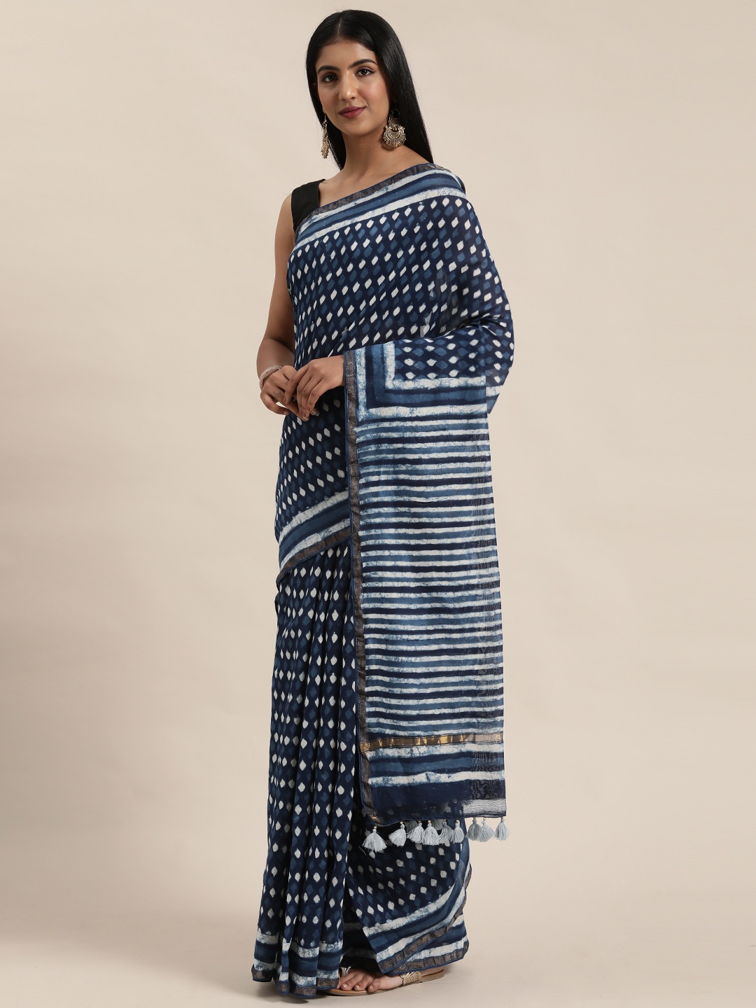 

Geroo Jaipur Hand Block Printed Indigo Pure Chanderi Silk Sustainable Saree, Blue