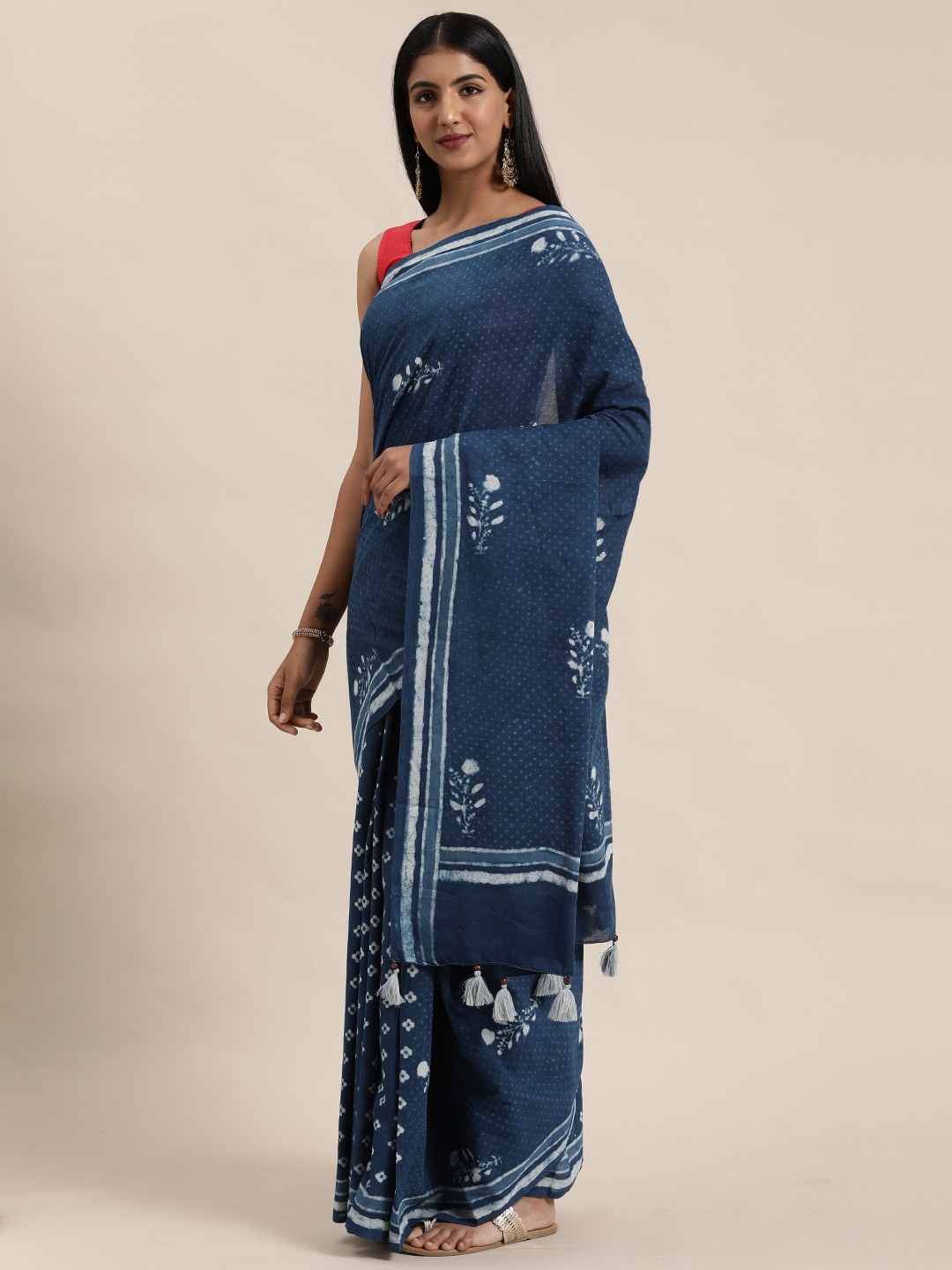 

Geroo Jaipur Blue Indigo Bagru Hand Block Printed Pure Cotton Sustainable Saree