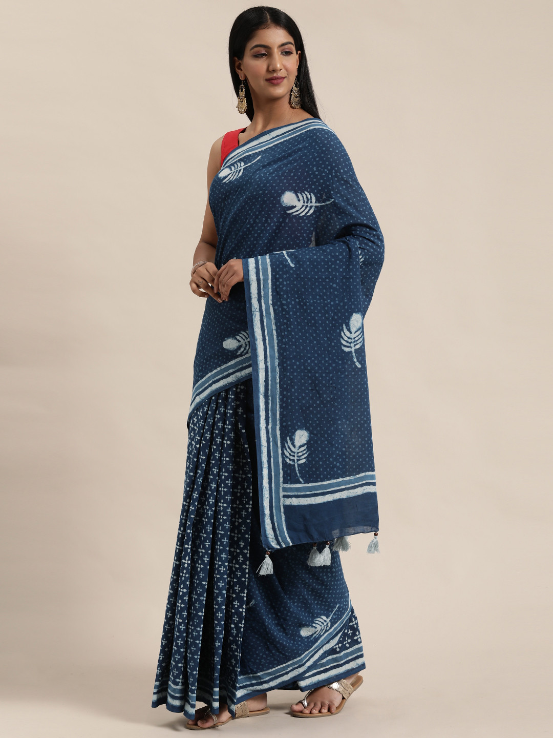 

Geroo Jaipur Blue Indigo Bagru Hand Block Printed Pure Cotton Sustainable Saree