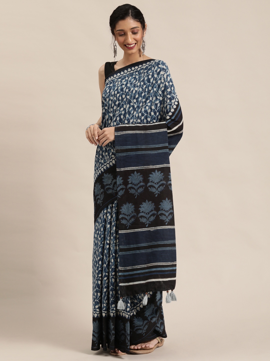 

Geroo Jaipur Blue and Black Indigo Bagru Hand Block Printed Pure Cotton Sustainable Saree