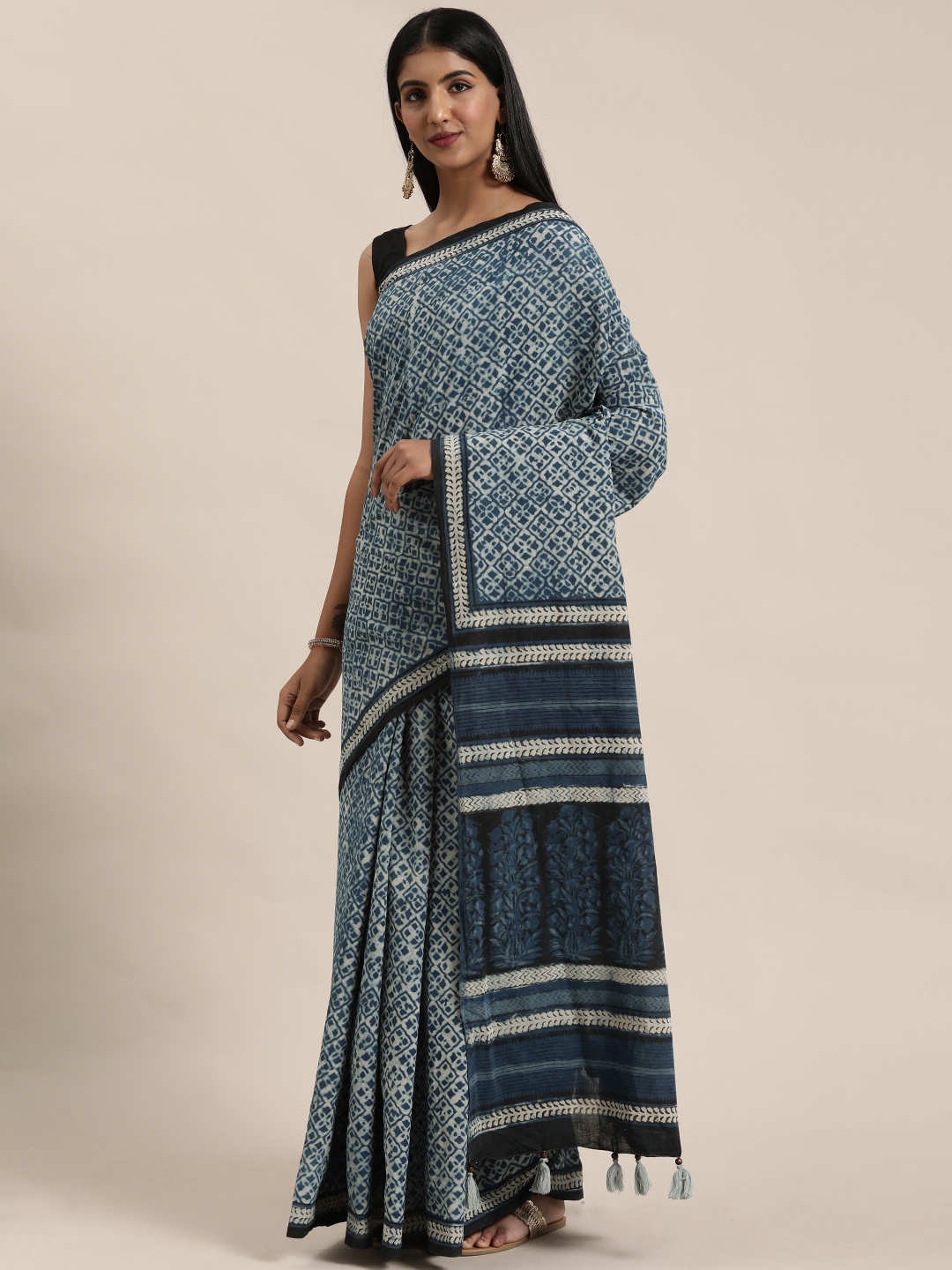 

Geroo Jaipur Blue and Black Indigo Bagru Hand Block Printed Pure Cotton Sustainable Saree