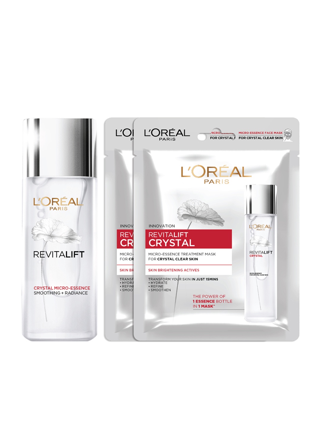 

L'Oreal Paris Revitalift Crystal Set of Micro-Essence Serum 65ml + 2 Sheet Masks 50g, White