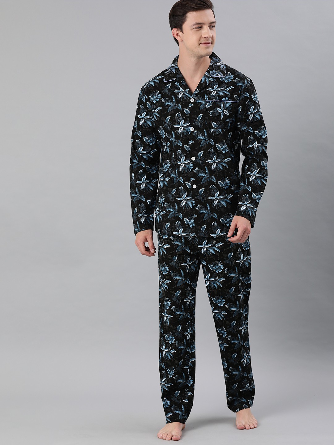 

THE BEAR HOUSE Men Black & Blue Printed Pure Cotton Night suit