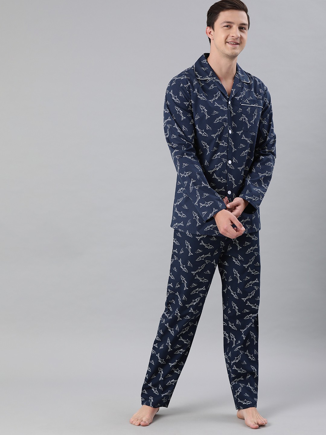 

THE BEAR HOUSE Men Navy Blue & White Printed Pure Cotton Night suit
