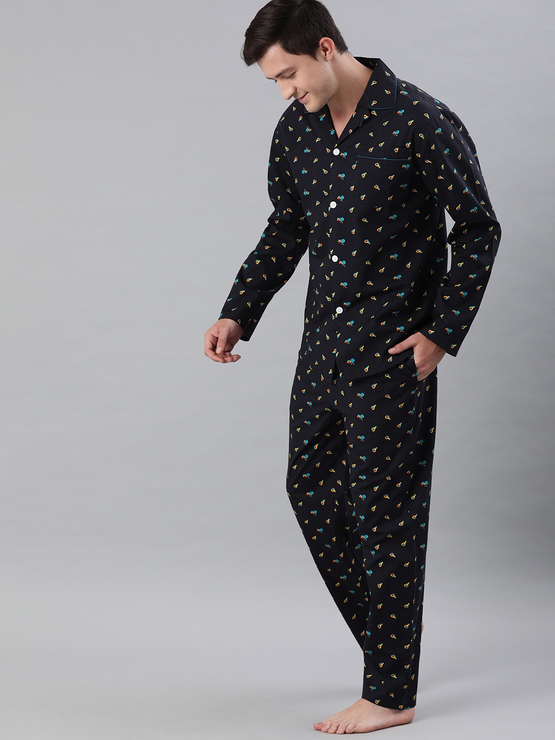 

THE BEAR HOUSE Men Navy Blue Printed Pure Cotton Night suit
