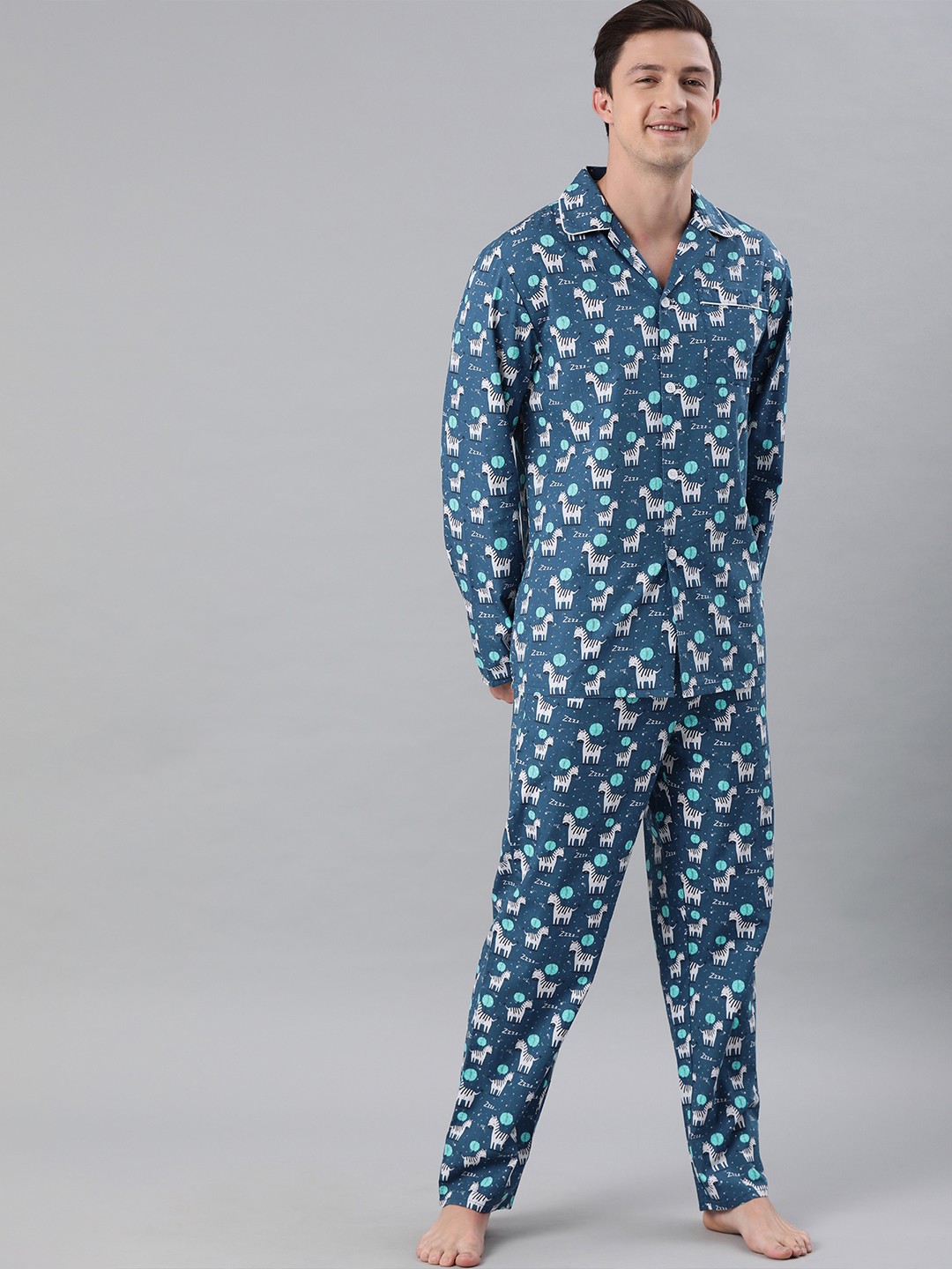 

THE BEAR HOUSE Men Blue & White Printed Pure Cotton Night suit