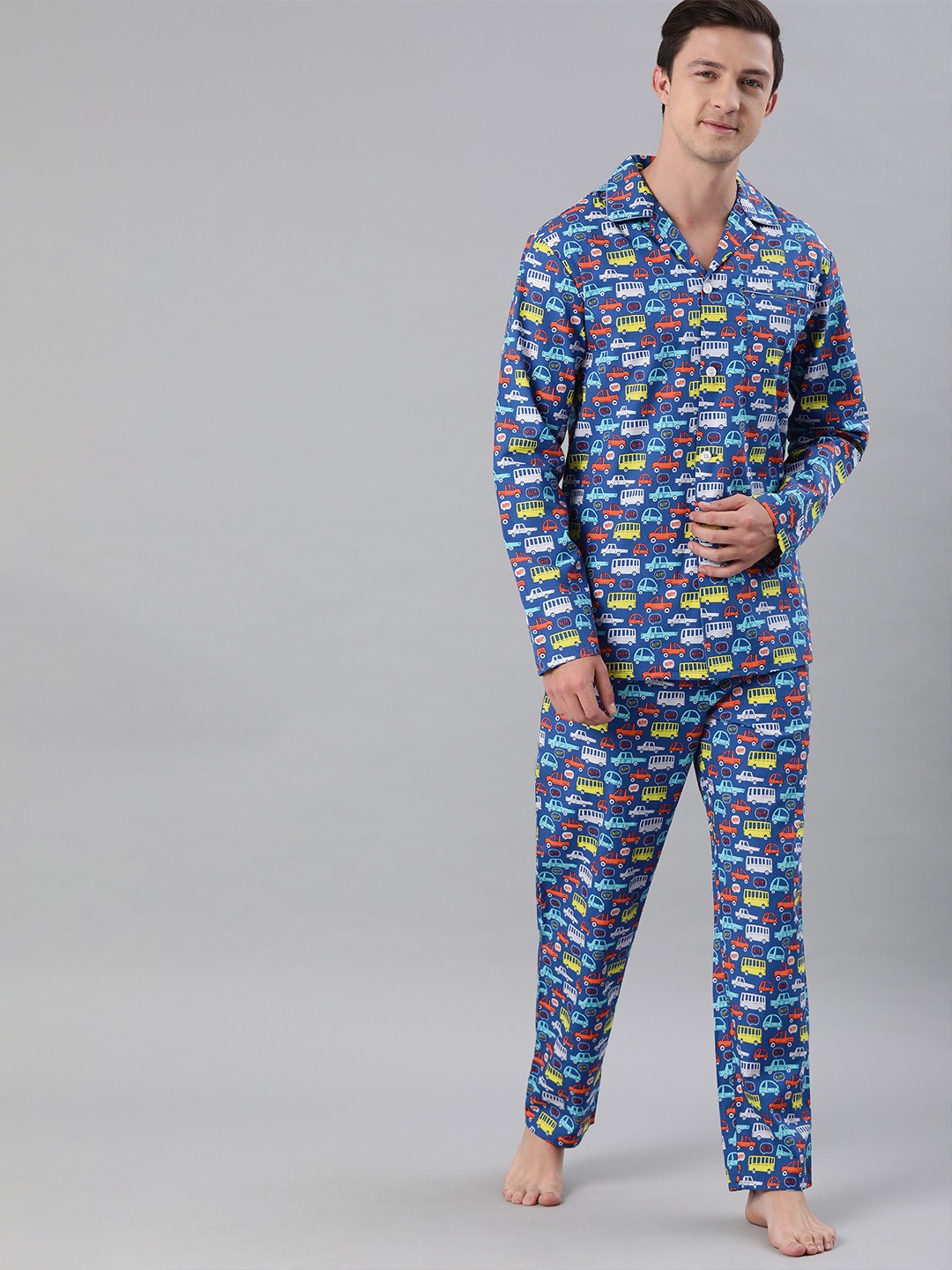 

THE BEAR HOUSE Men Blue Printed Pure Cotton Night suit