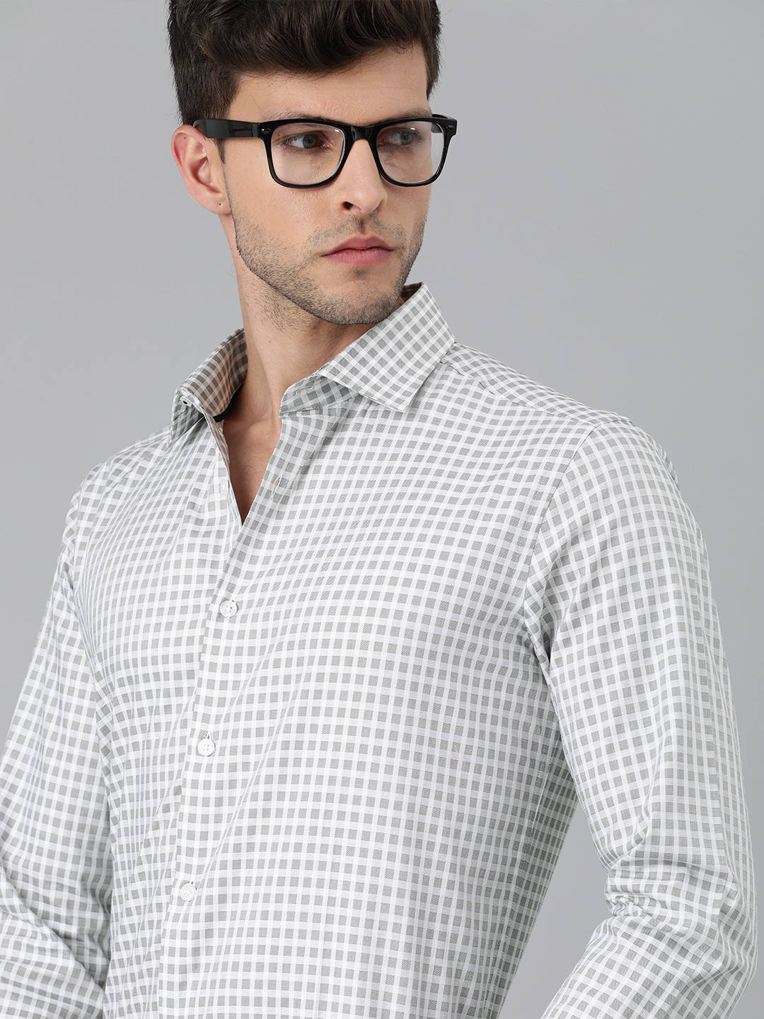 

THE BEAR HOUSE Men Grey & White Slim Fit Checked Giza Cotton Formal Shirt