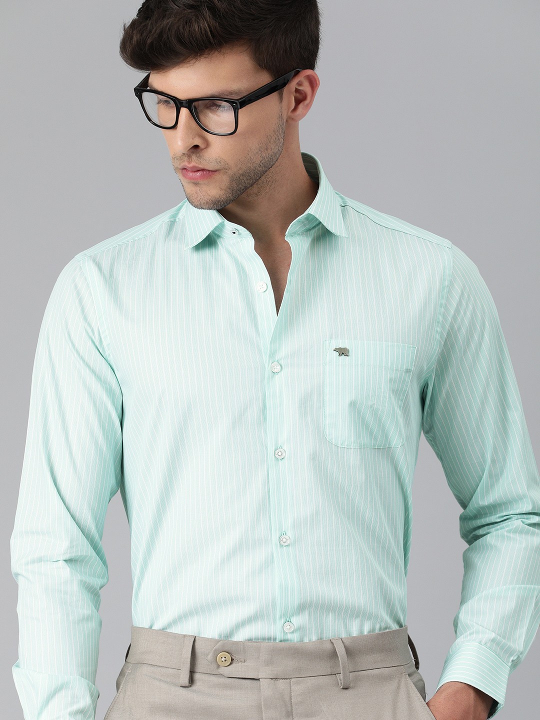 

THE BEAR HOUSE Men Green & White Slim Fit Striped Giza Cotton Formal Shirt