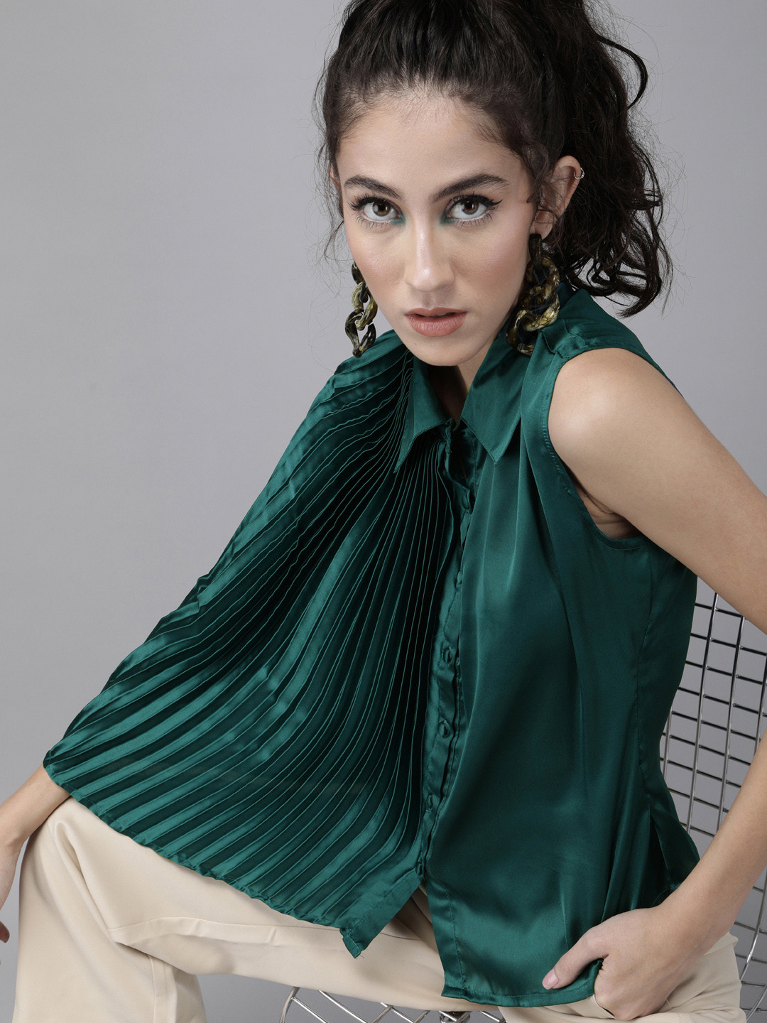 

The Dry State Green Accordion Pleated Sleeves Accordion Pleats Satin Shirt Style Top