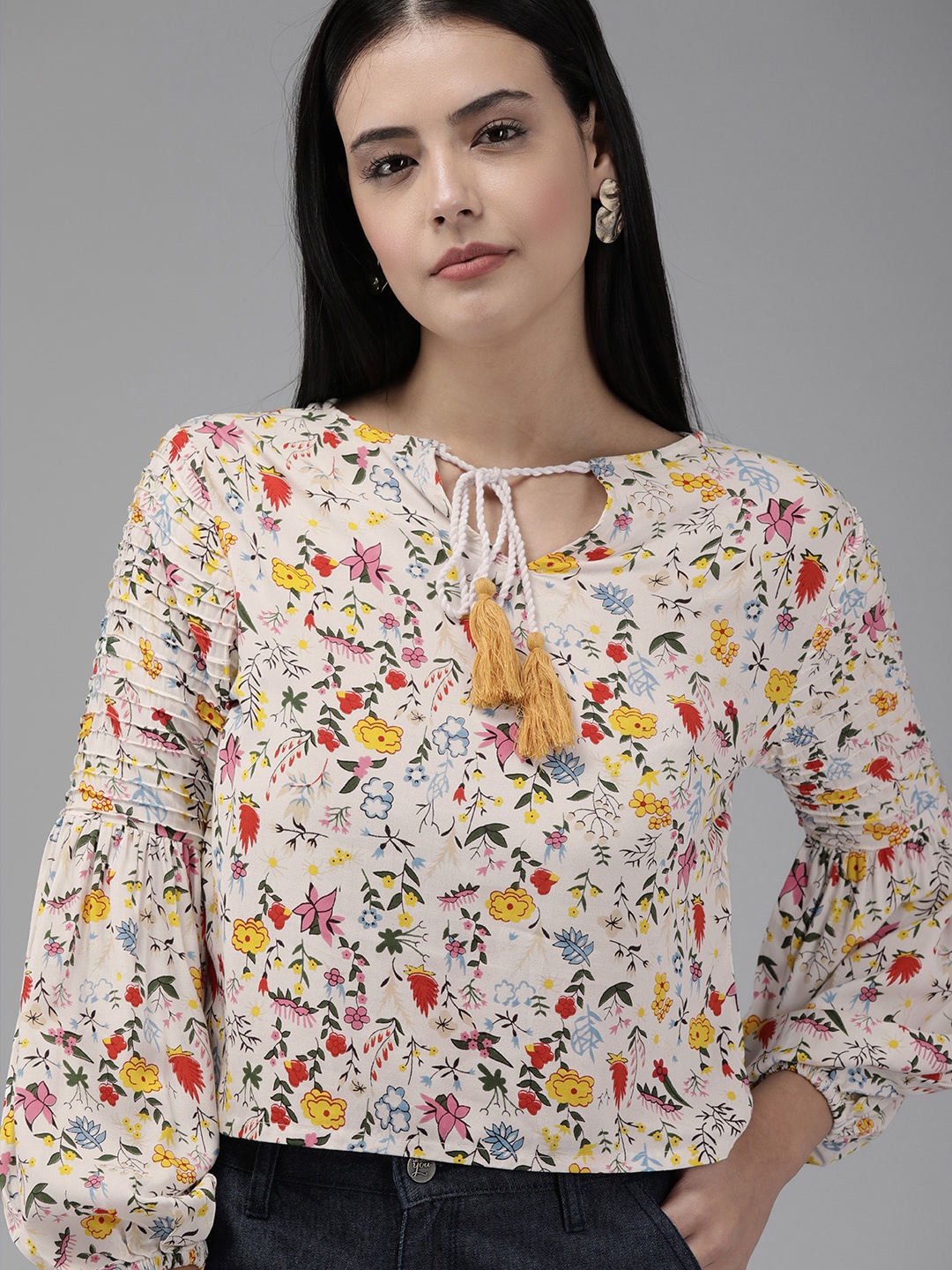 

The Dry State Women White Floral Printed Tie-Up Neck Bishop Sleeves Regular Top