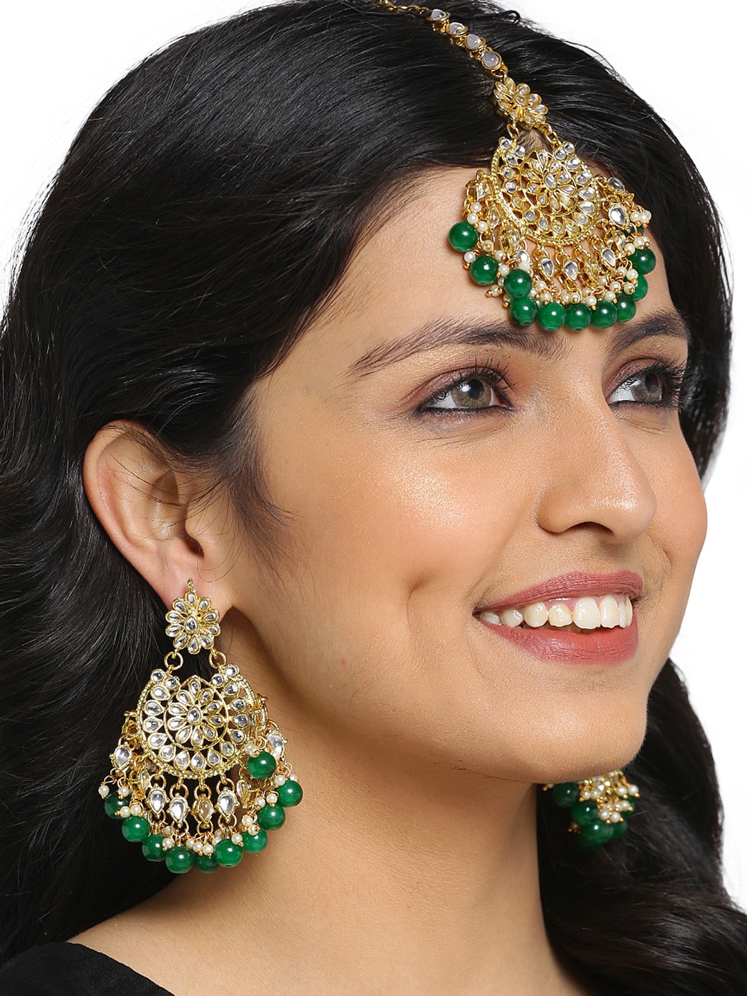 

Shining Diva Gold Plated White Kundan Studded & Green Beaded Jewellery Set