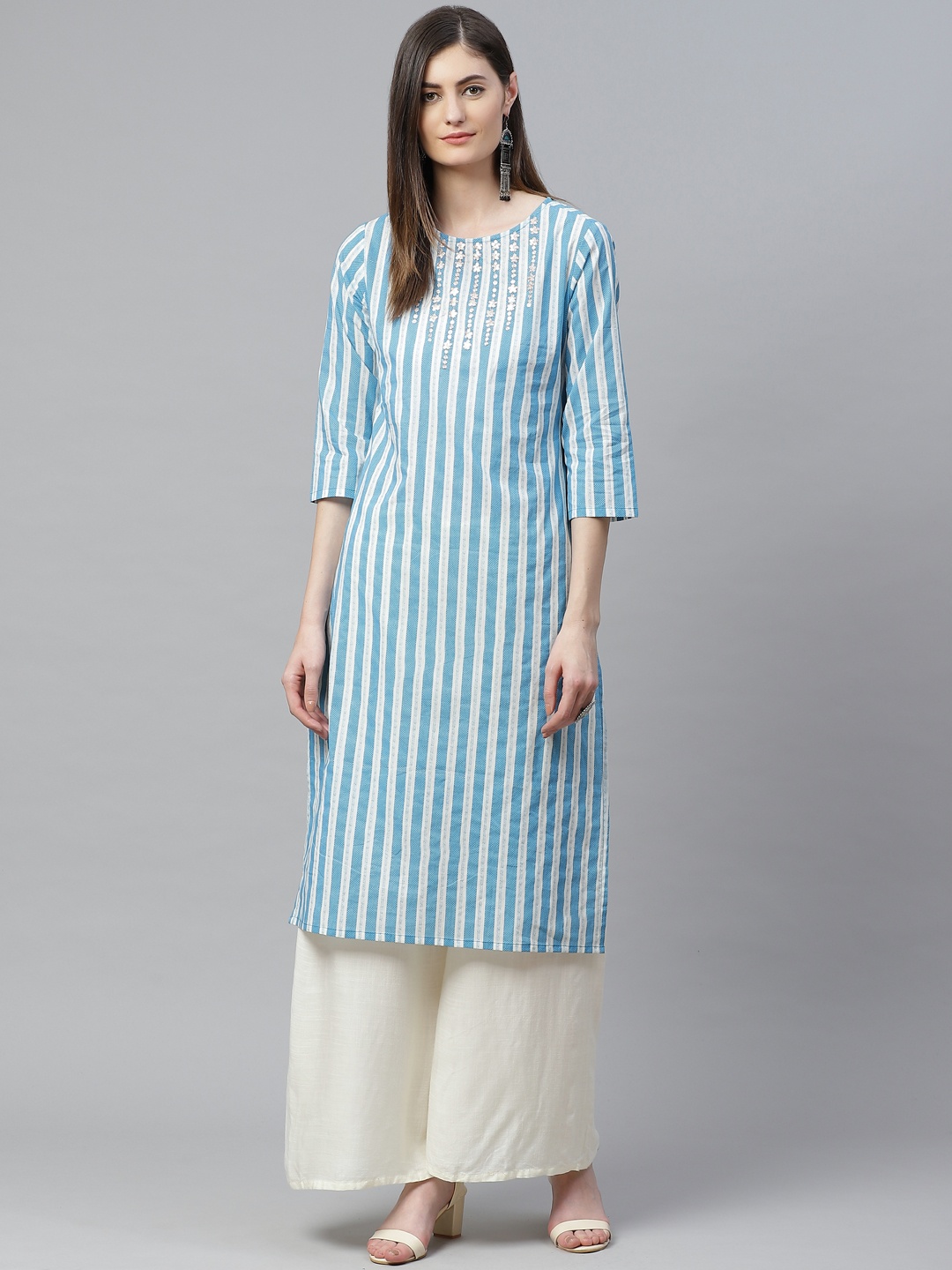 YASH GALLERY Women Blue & White Striped Straight Gotta Patti Kurta