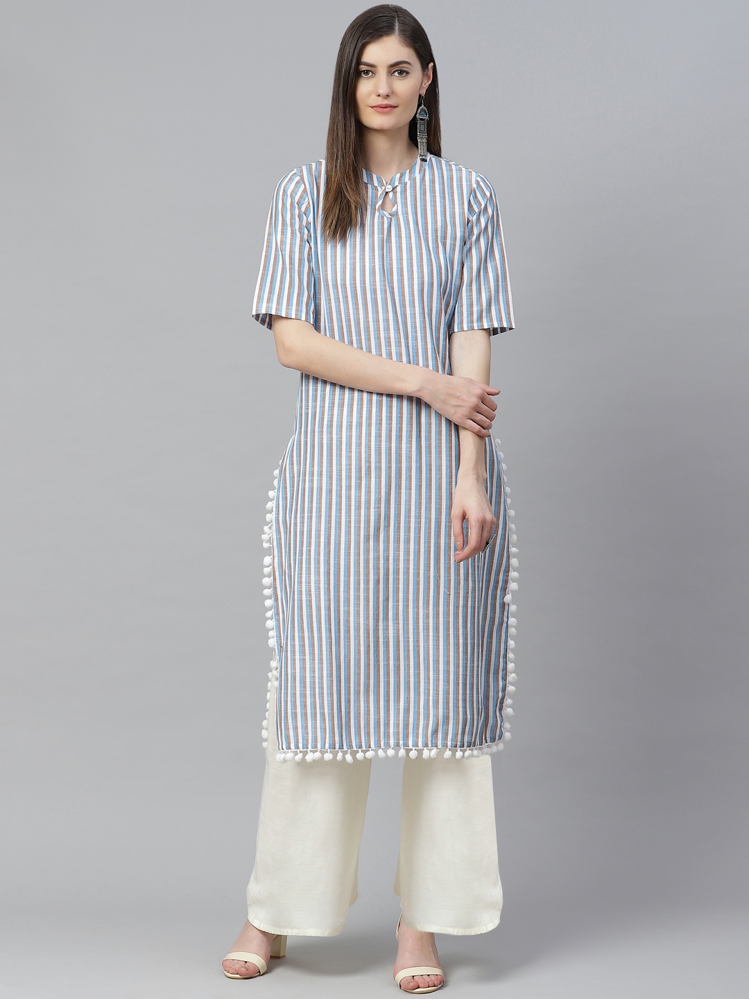 YASH GALLERY Women White & Blue Striped Keyhole Neck Kurta