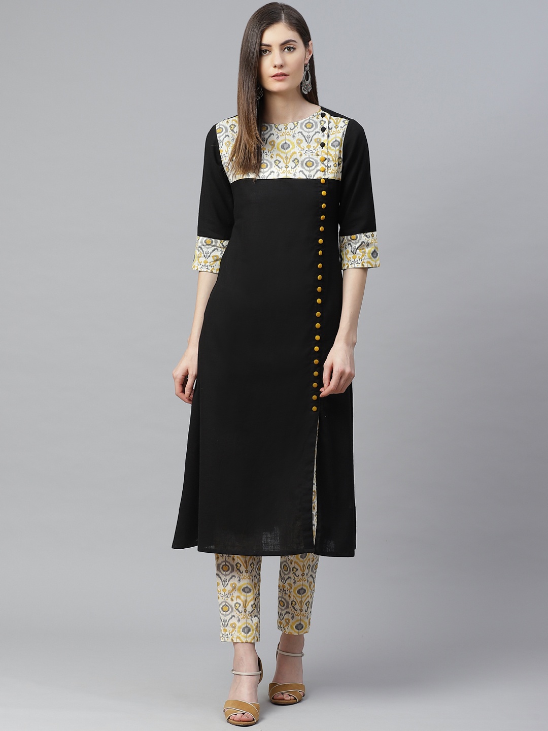 

YASH GALLERY Women Black Printed Detail Kurta with Trousers