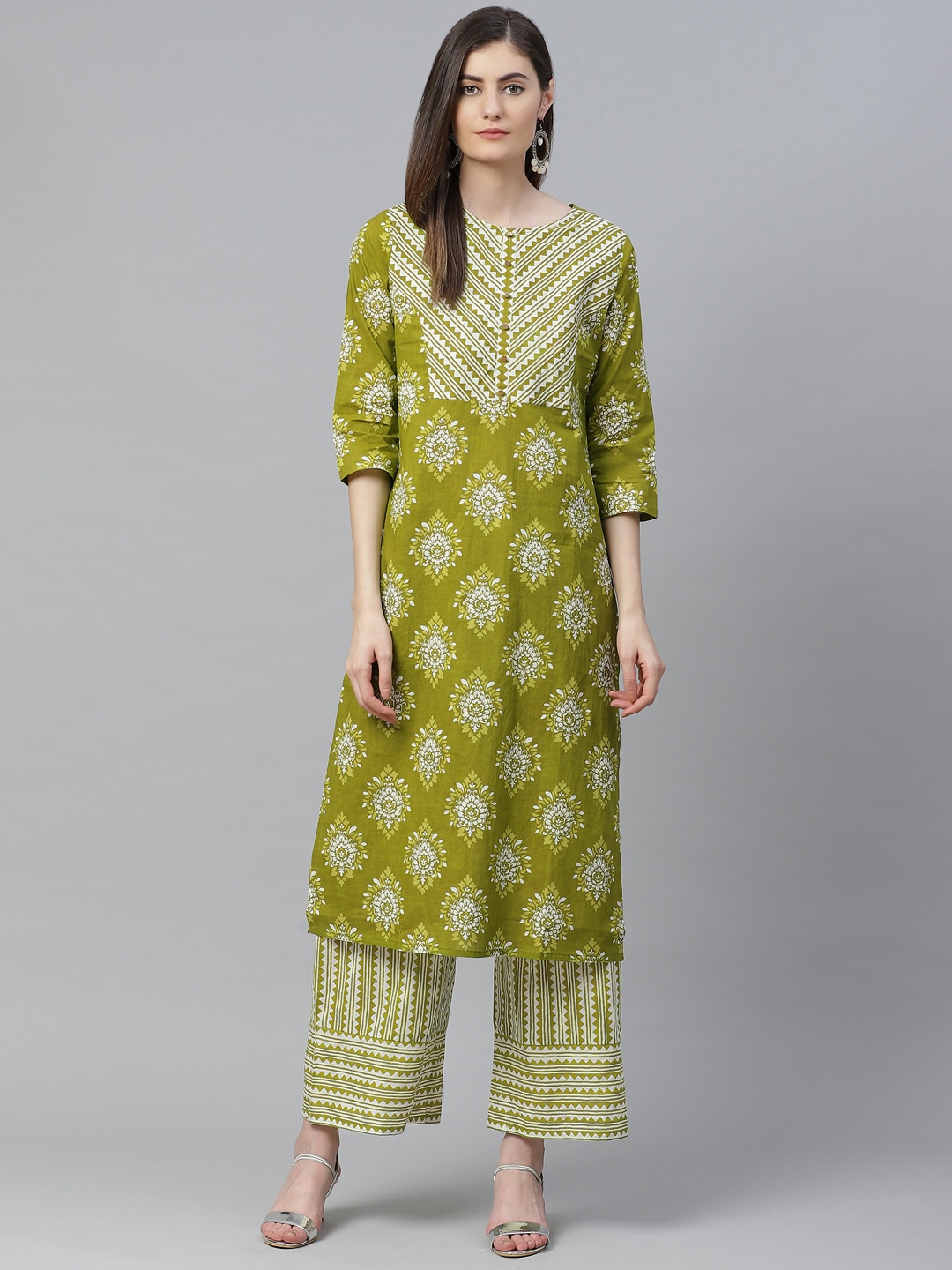 

YASH GALLERY Women Green & White Printed Kurta with Palazzos