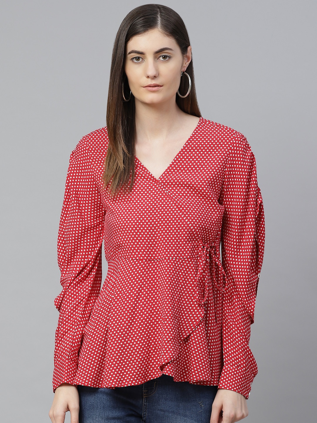 

YASH GALLERY Red & White Polka Dot Printed Slit Sleeves Layered Tie-Up Detail Wrap Top