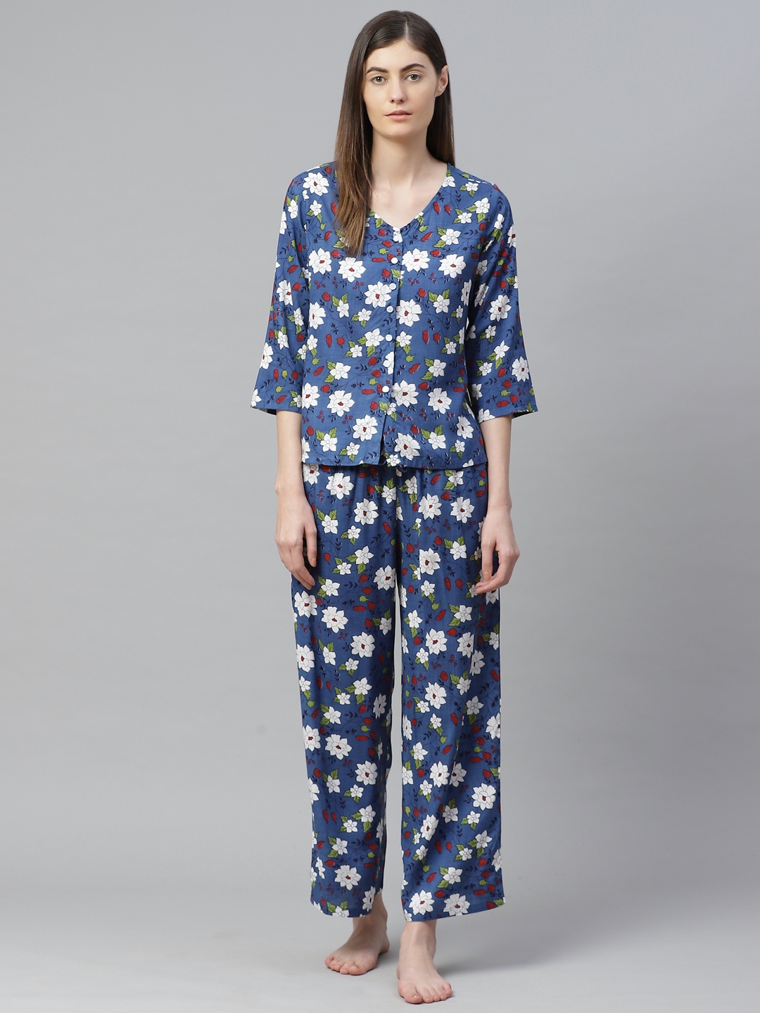

YASH GALLERY Women Navy Blue & White Floral Print Night suit