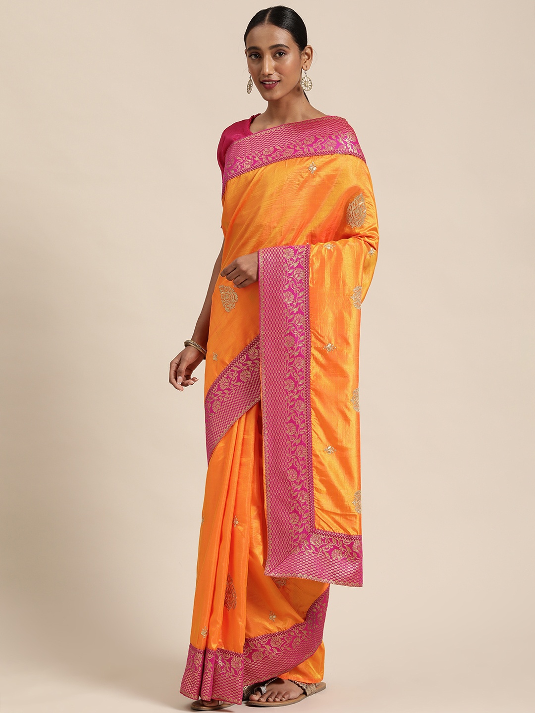 

LADUSAA Yellow Embroidered Silk Blend Saree