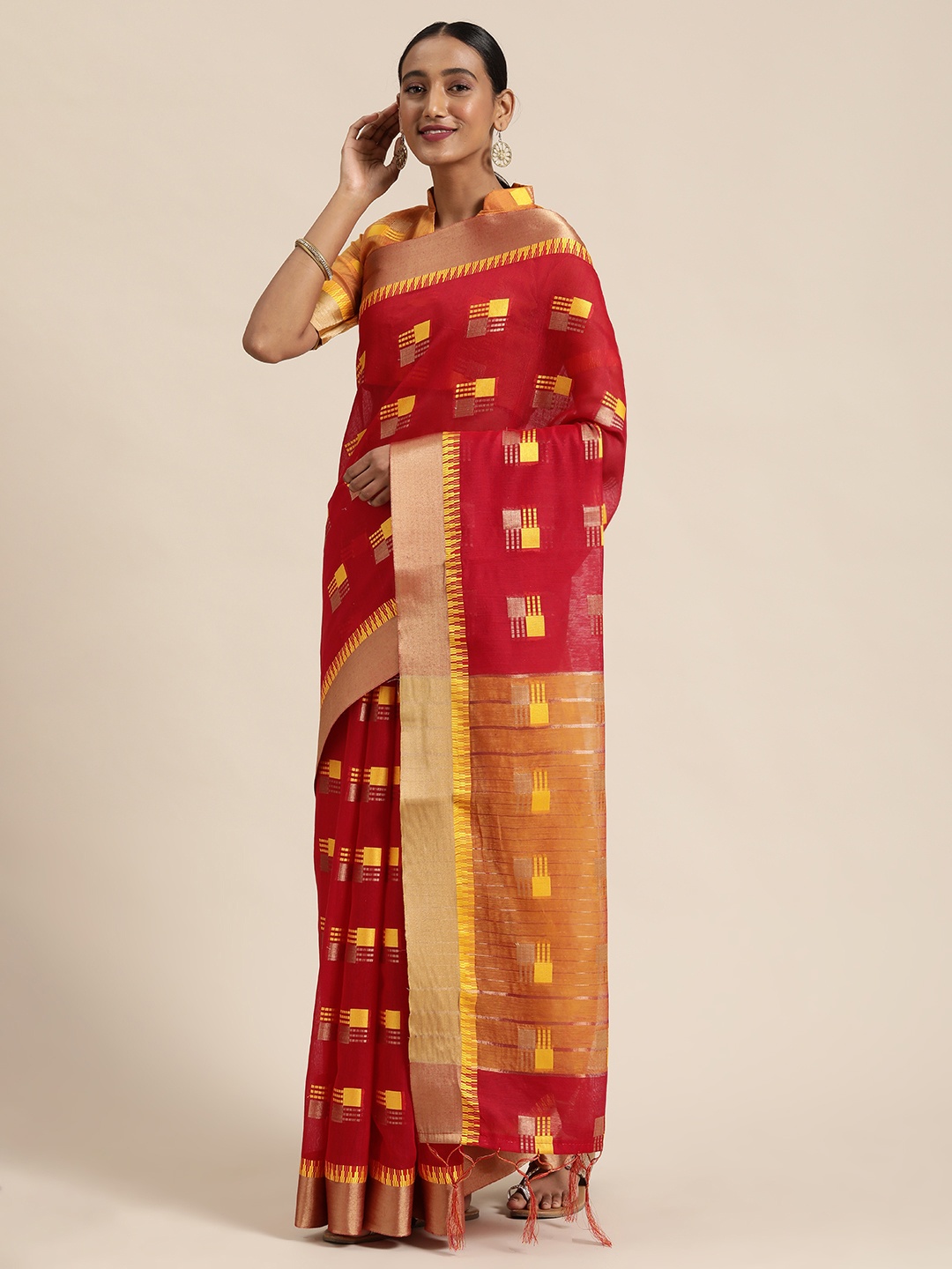

LADUSAA Red Woven Design Cotton Blend Saree
