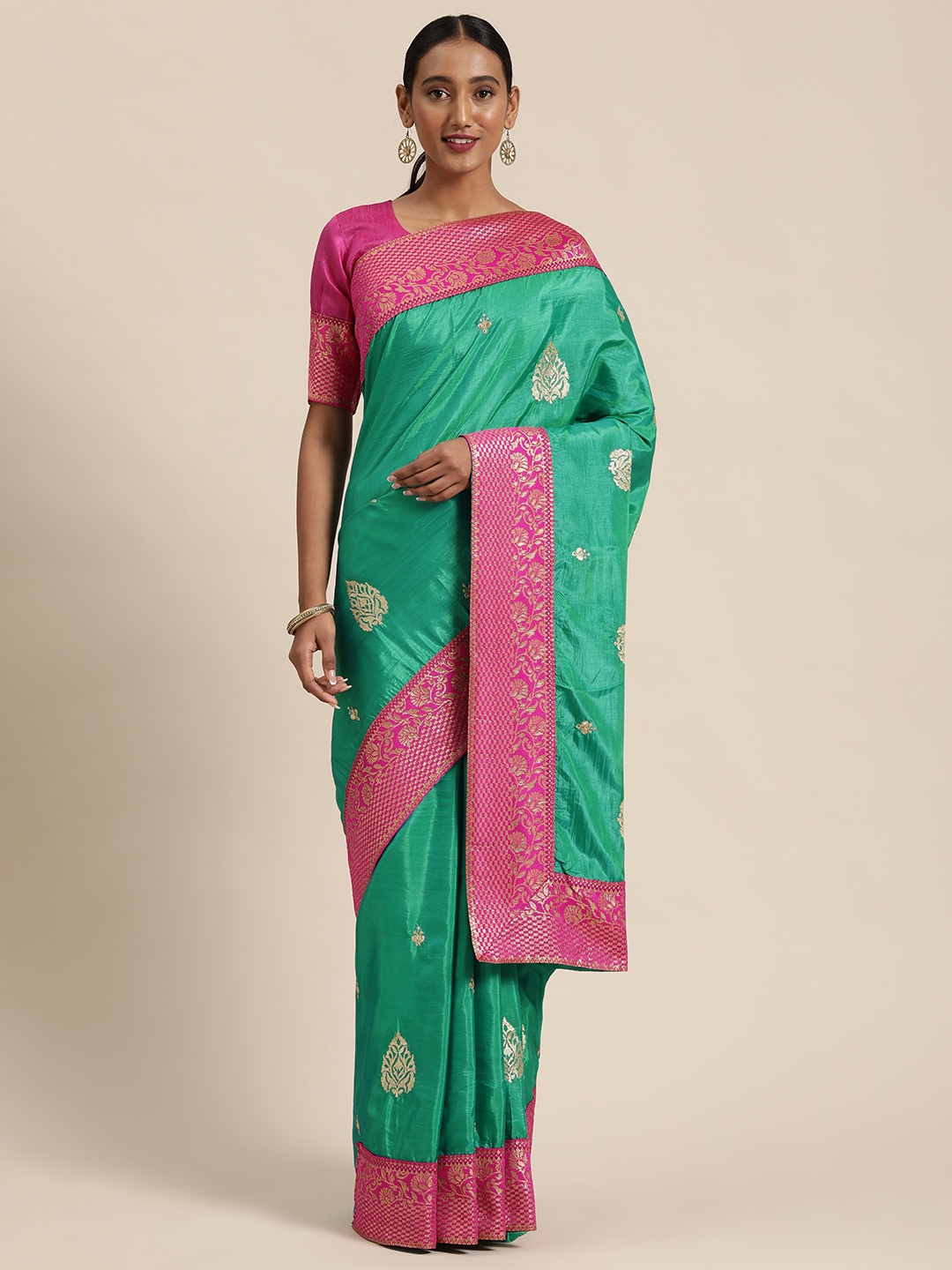 

LADUSAA Turquoise Blue Embroidered Silk Blend Saree