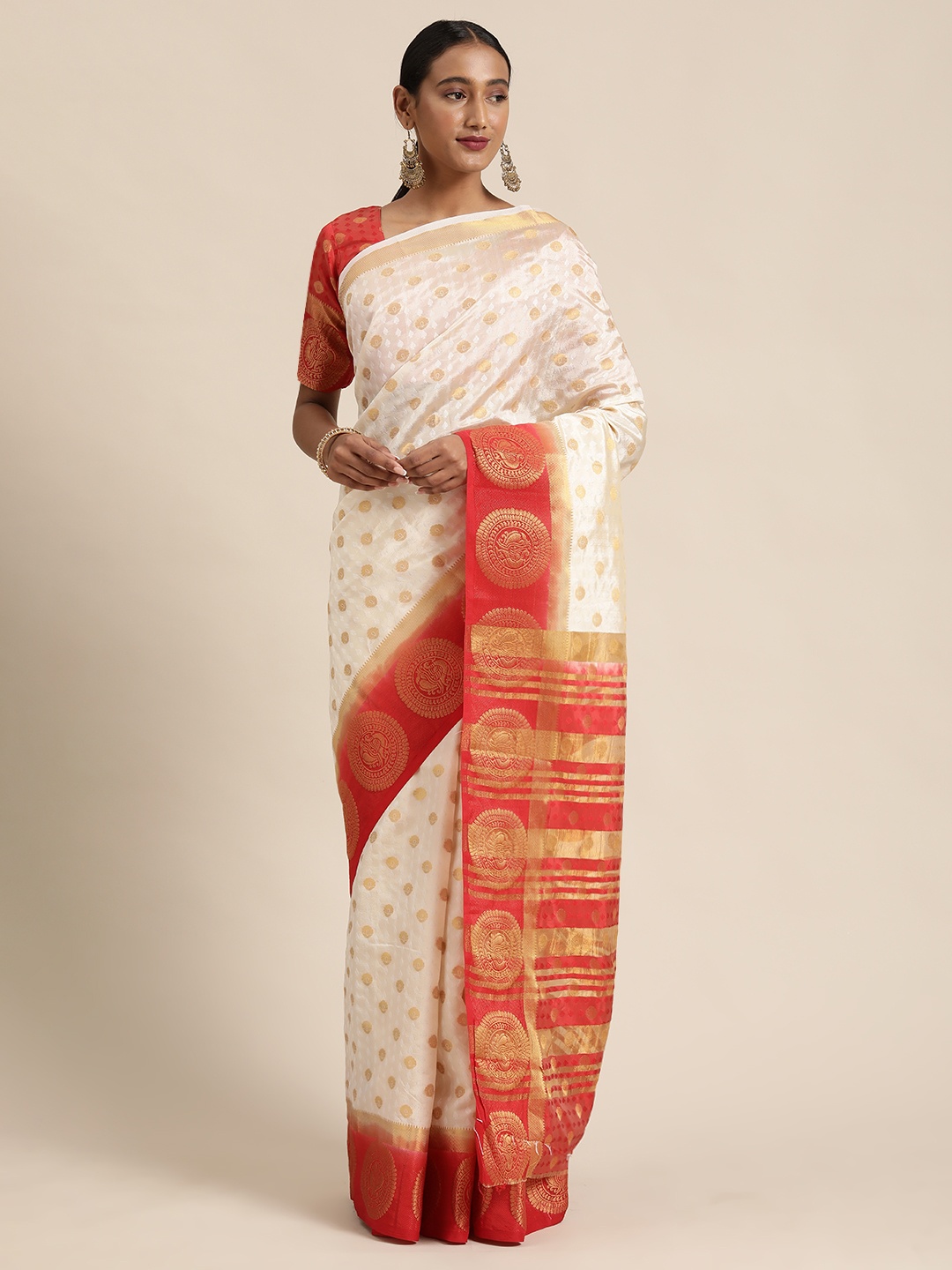 

LADUSAA White & Gold-Toned Woven Design Kanjeevaram Saree