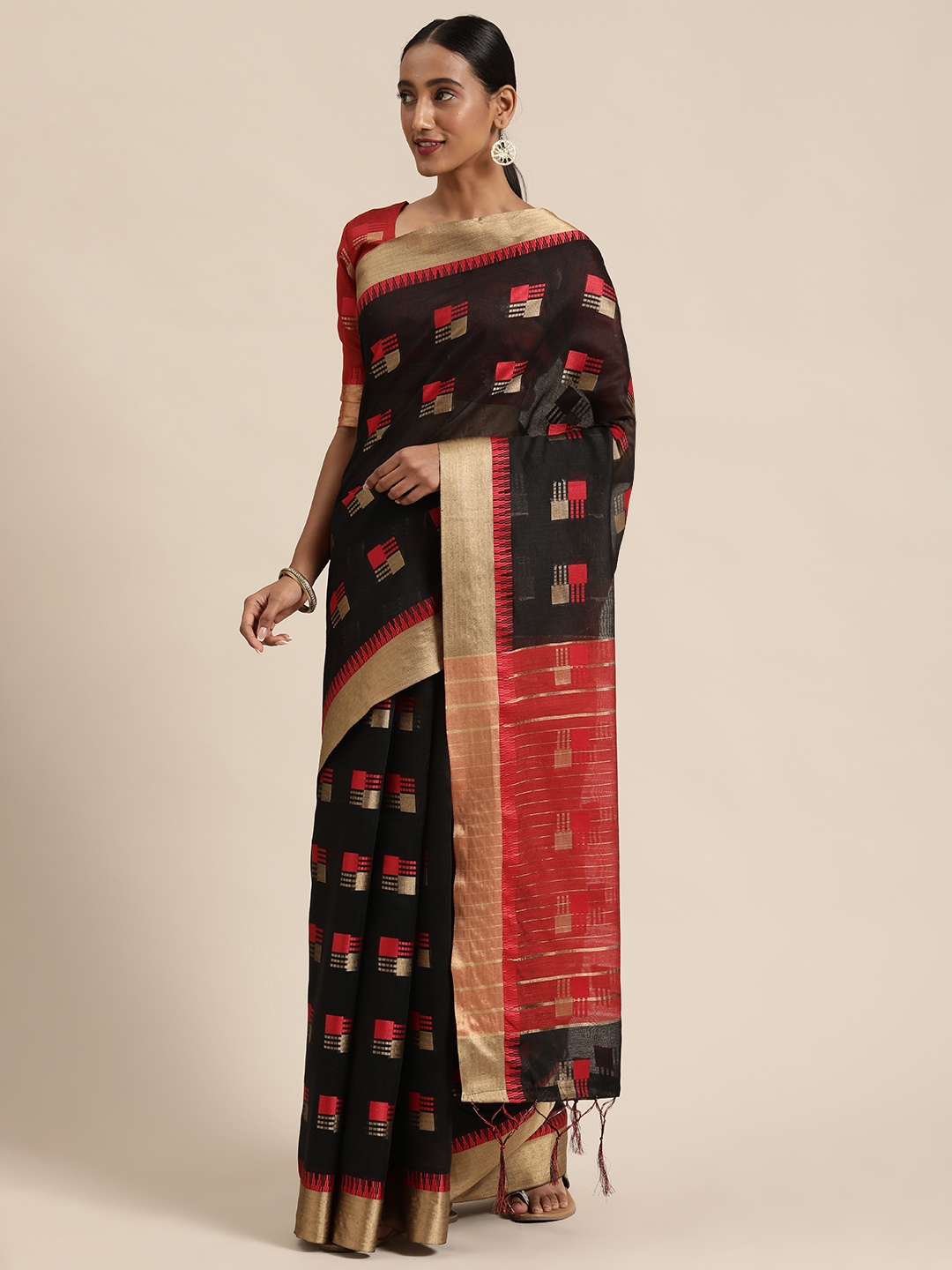 

LADUSAA Black Woven Design Cotton Blend Saree