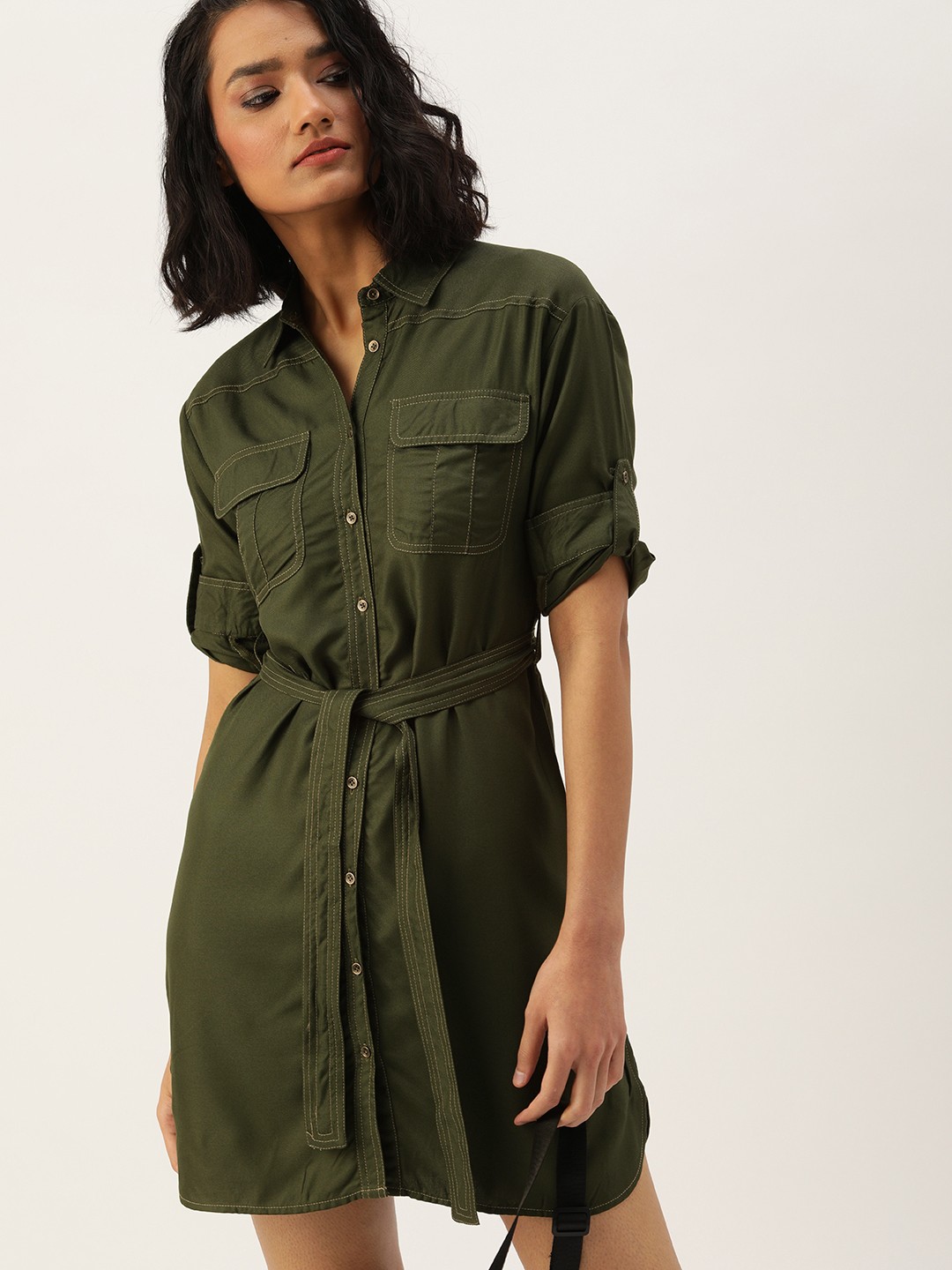 

Style Quotient Women Olive Green Solid Shirt Dress