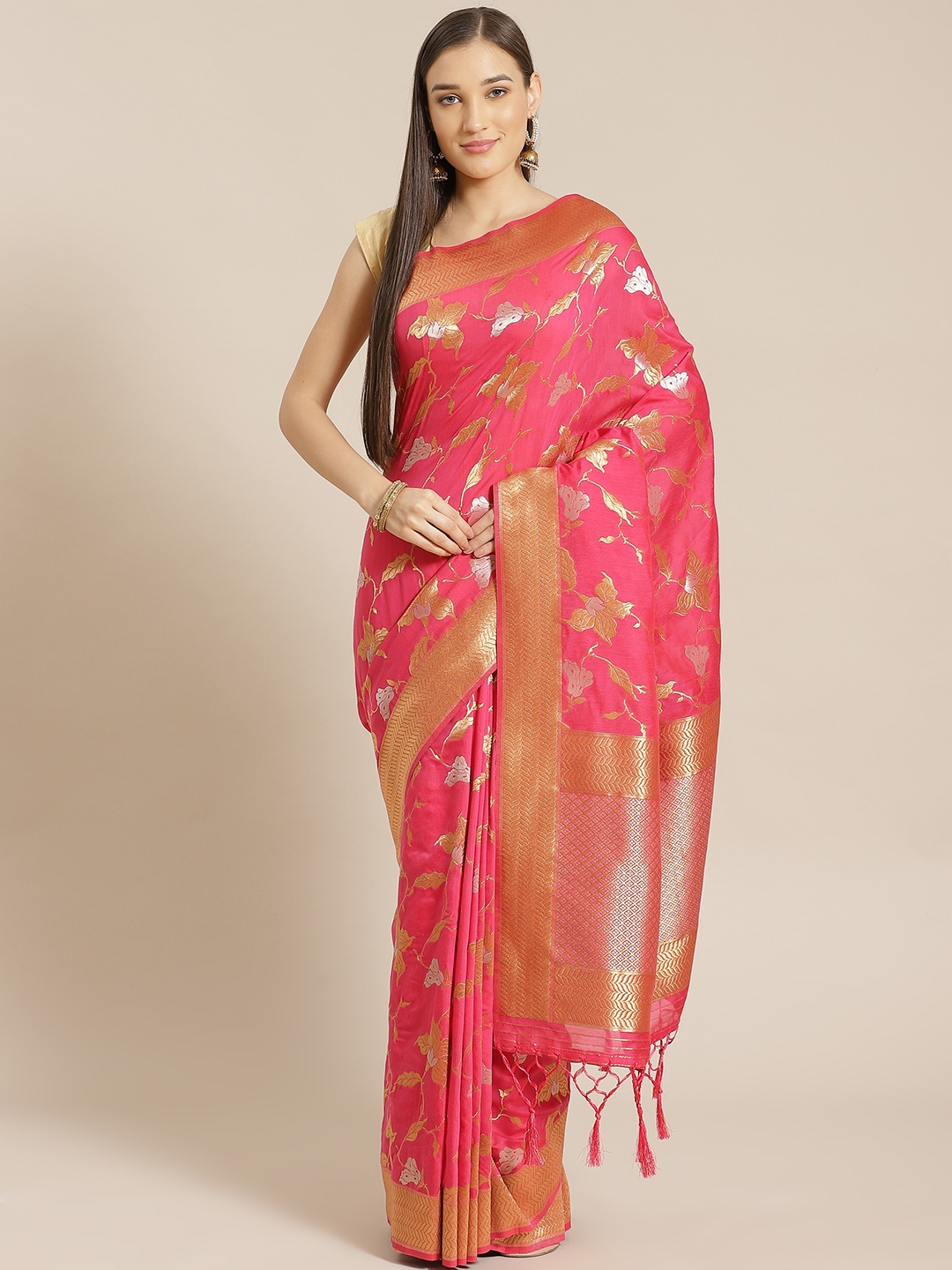 Mitera Pink & Golden Liva Woven Design Saree