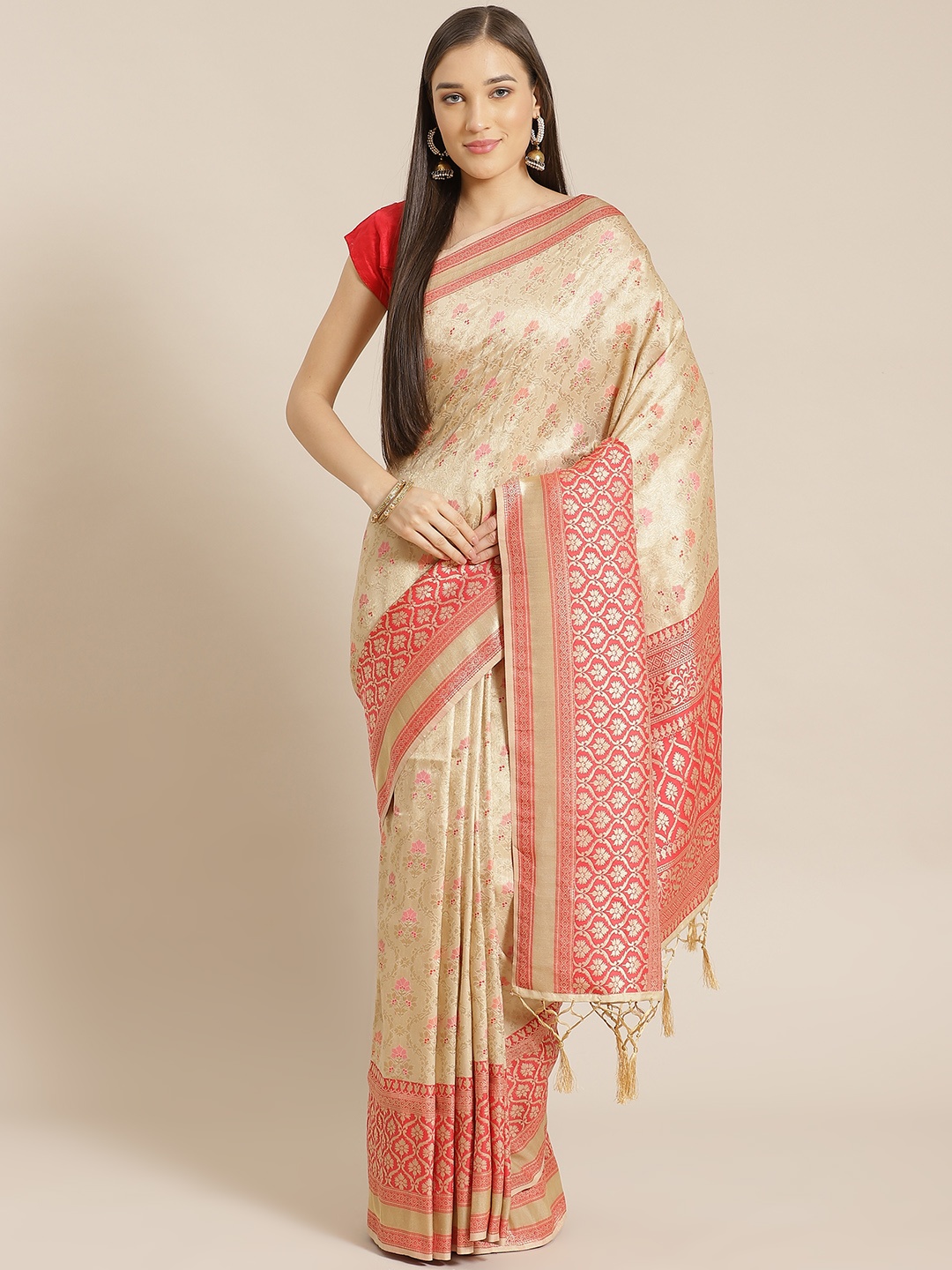 

Mitera Beige & Coral Pink Liva Woven Design Saree